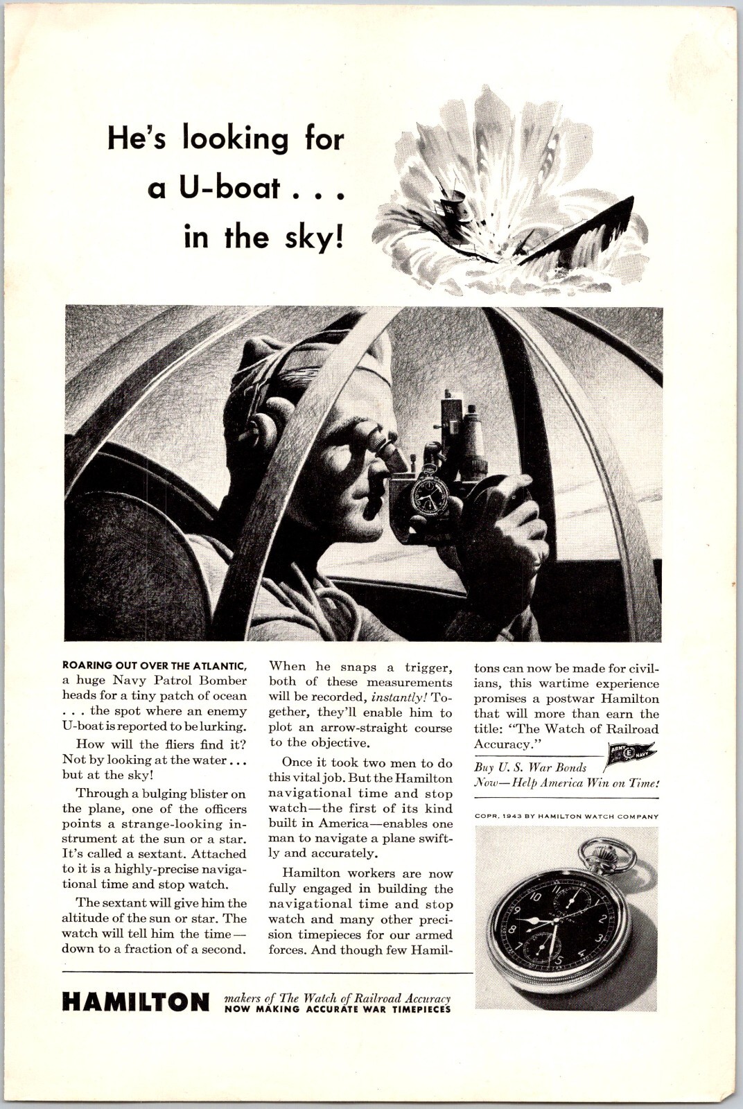 PRINT AD 1943 Hamilton Watch WWII Looking for a U-Boat in the Sky Navy Patrol