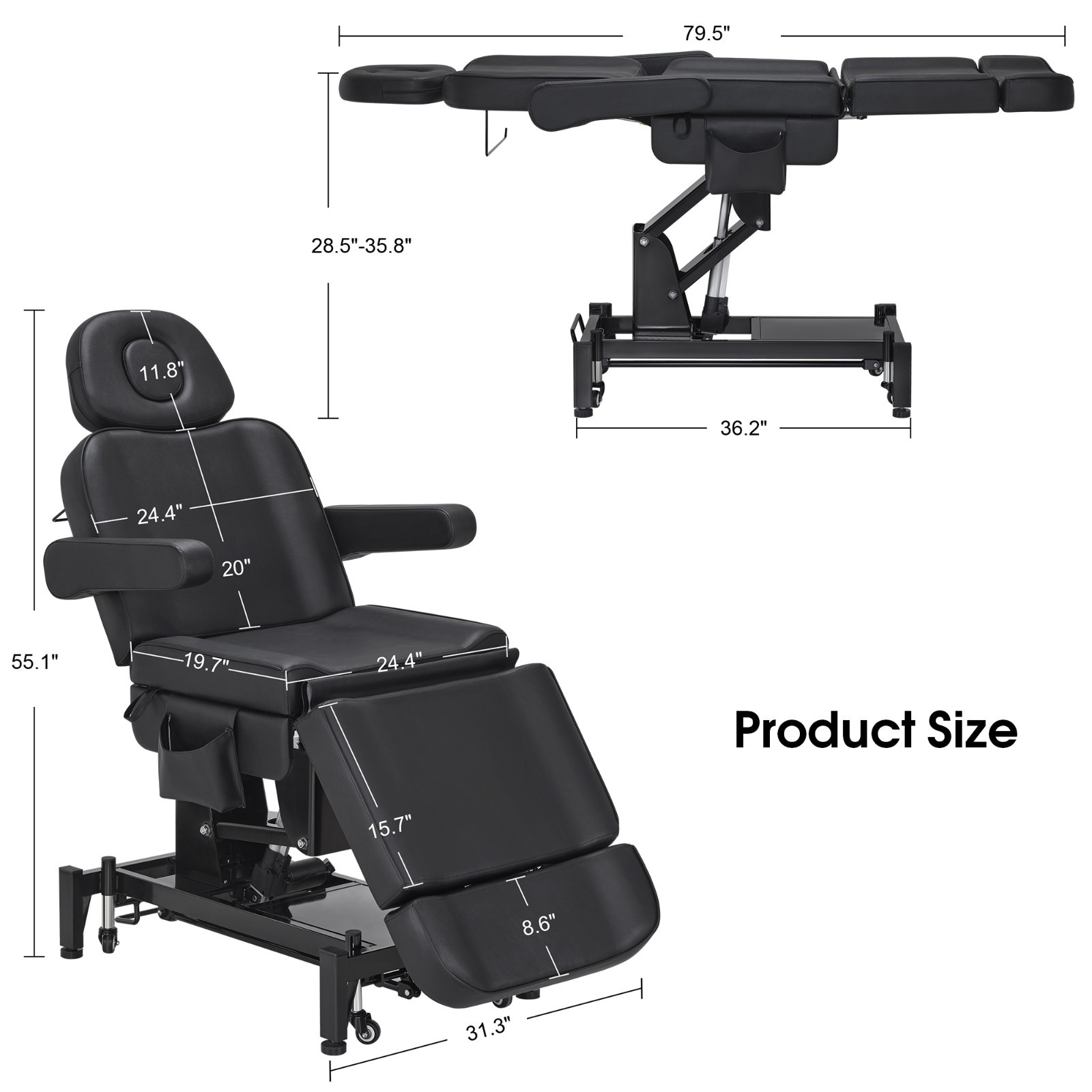 3-Motor Electric Beauty Bed with Foot-Controlled Wheels, Mobile Massage Bed 2754