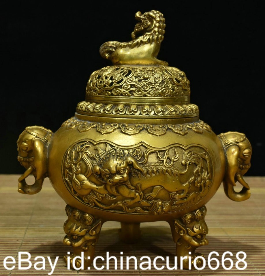 8.8" Marked Old China Copper Carving Dynasty Palace Qilin Elephant Ear Censer