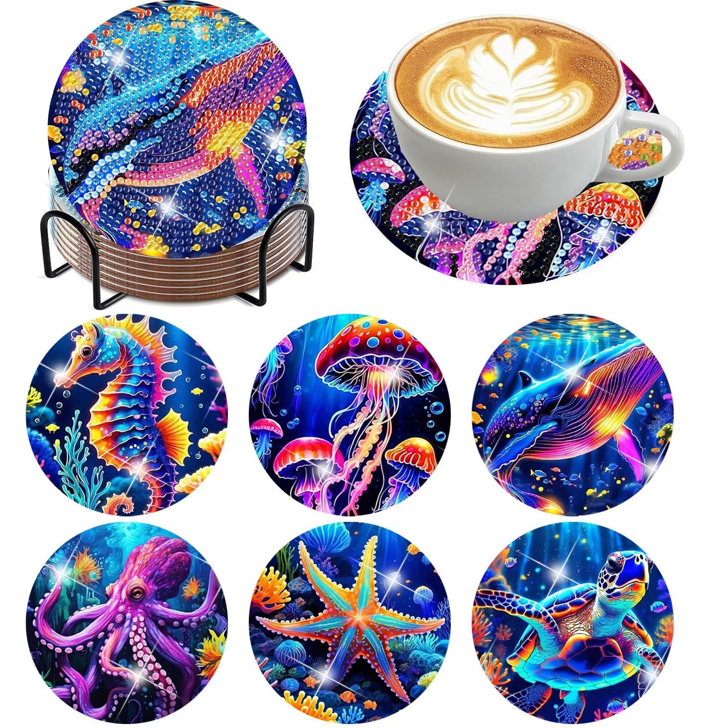 Ekuxom 6 Pcs Diamond Art Coasters Kits, DIY Ocean 4x4in (10x10cm),