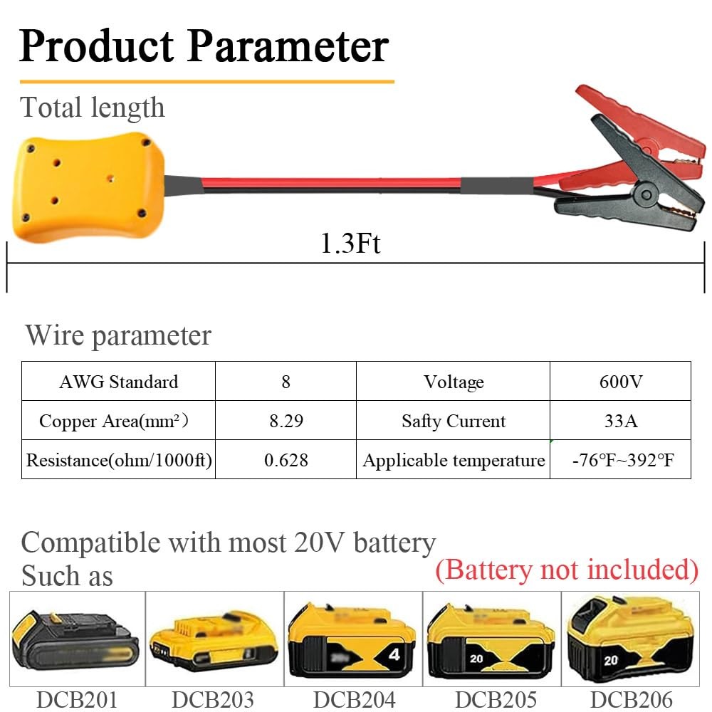 Jumper Cables with Adapter Compatible with Dewalt 20V Battery, 1.3FT 8AWG Por...