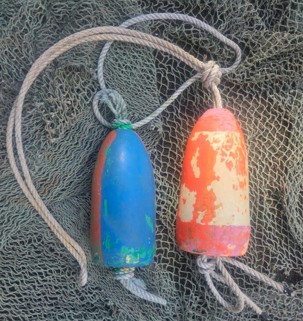 Two 2 Used Commercial Crabbing Buoys -Both w/ Rope -Nice Colors & Authentic Wear