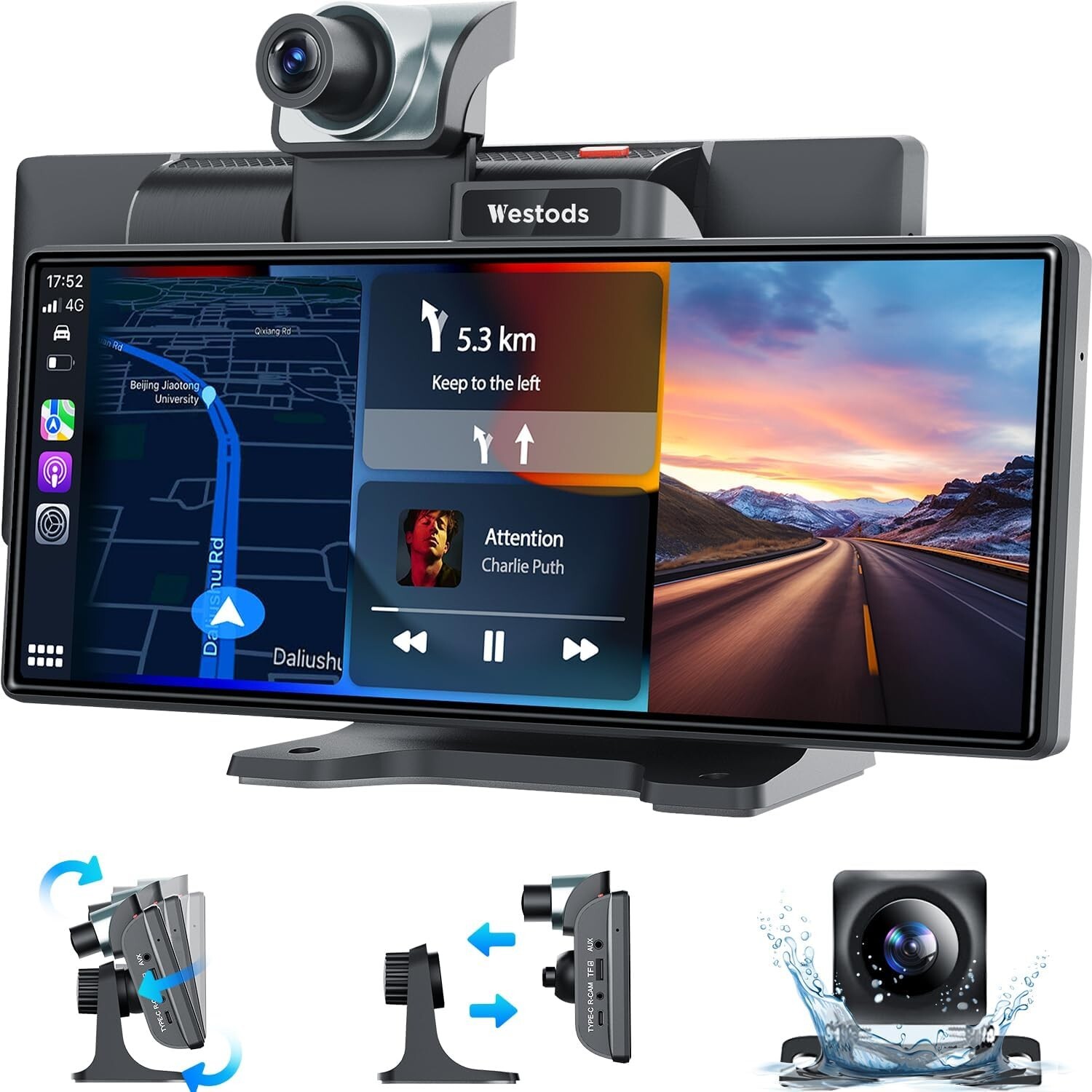 Portable Wireless Carplay Car Stereo with 2.5K Dash Cam-9.3" HD,1080p Backup Cam