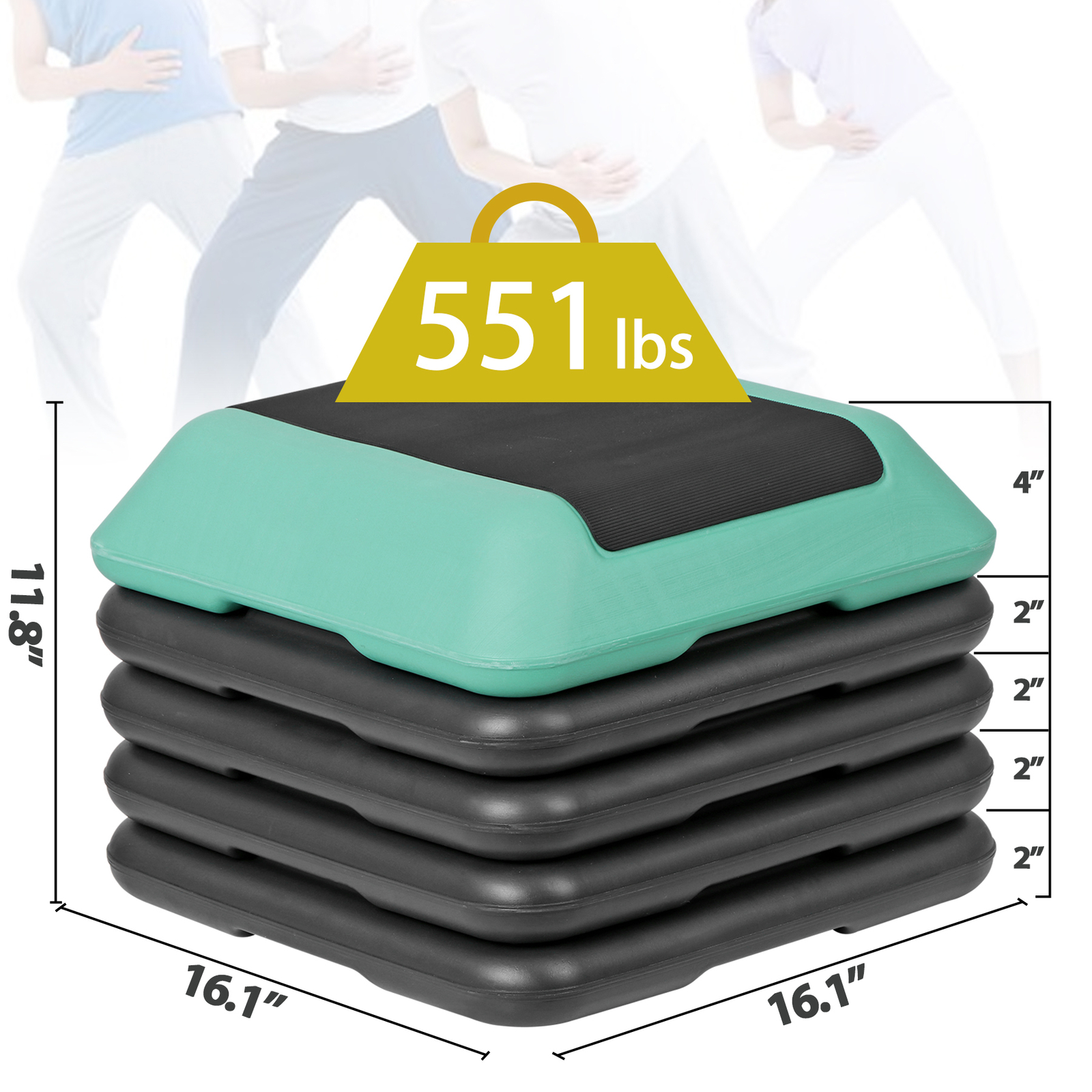 16"x16" Adjustable High Step Aerobic Platform with 4 Risers for Exercise Green