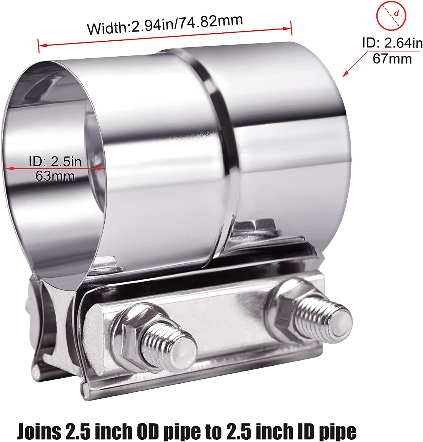 2PCS 2.5" Lap Joint Exhaust Band Clamp Muffler Sleeve Coupler Stainless Steel