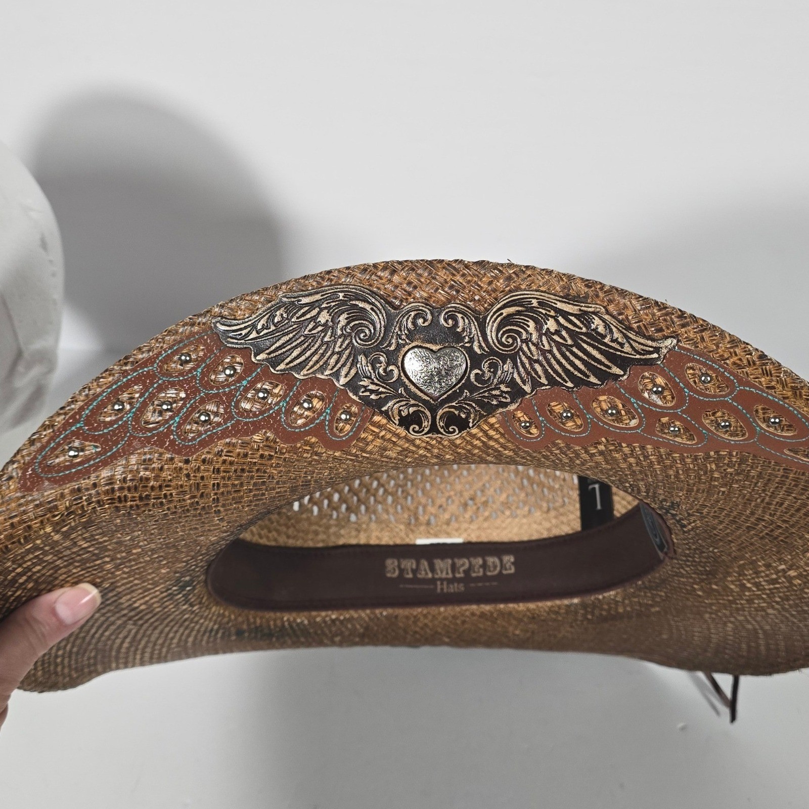 Stampede Hats Darling Cowboy Hat Tequilla Straw Size Large Brown Hearts Wings