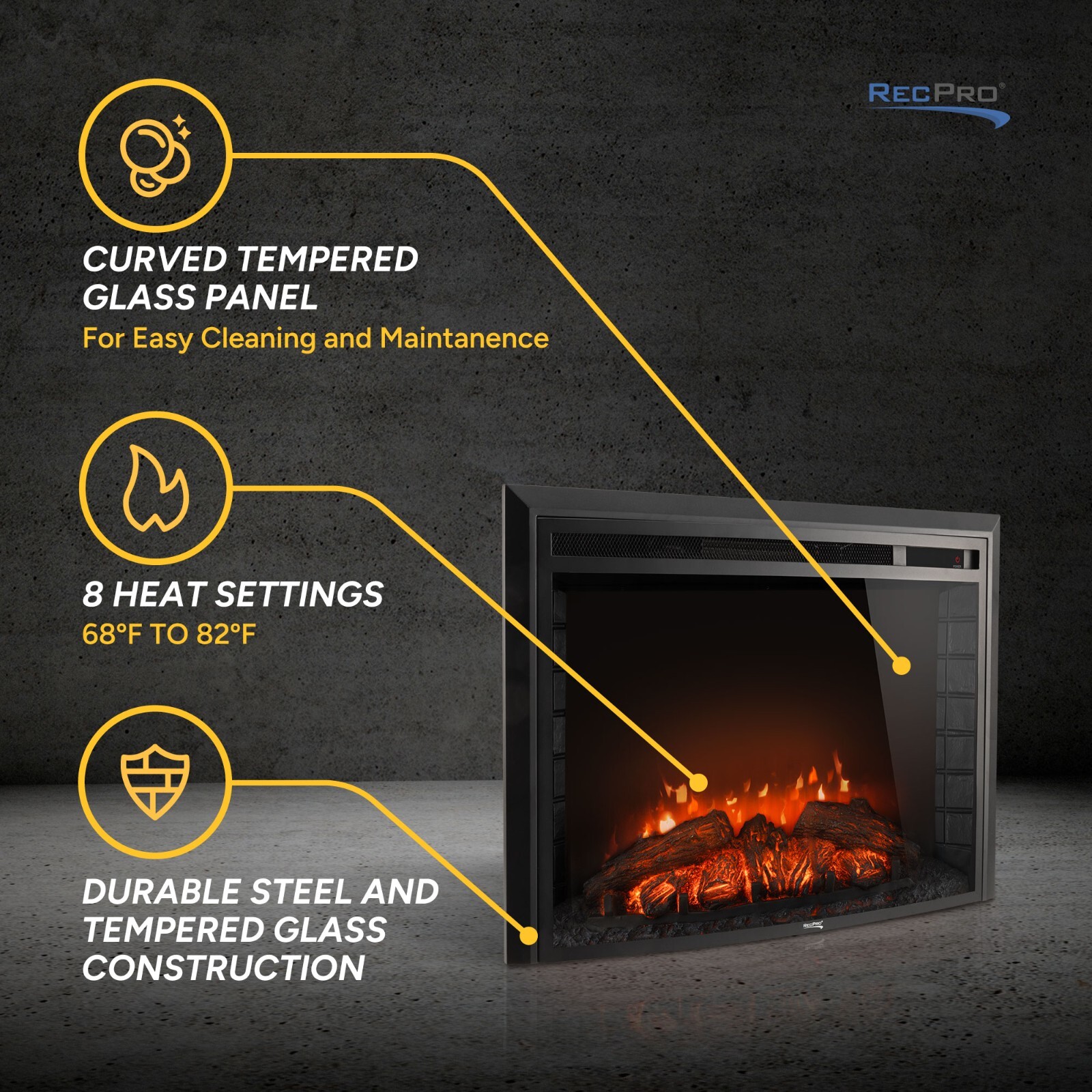 RecPro RV 28" Fireplace | Recessed Electric Fireplace | Glass with Log View