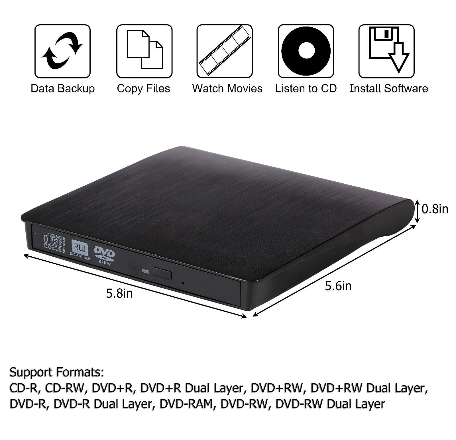 External CD DVD RW Drive USB 3.0 Writer Slim Burner Player Black For Laptop PC