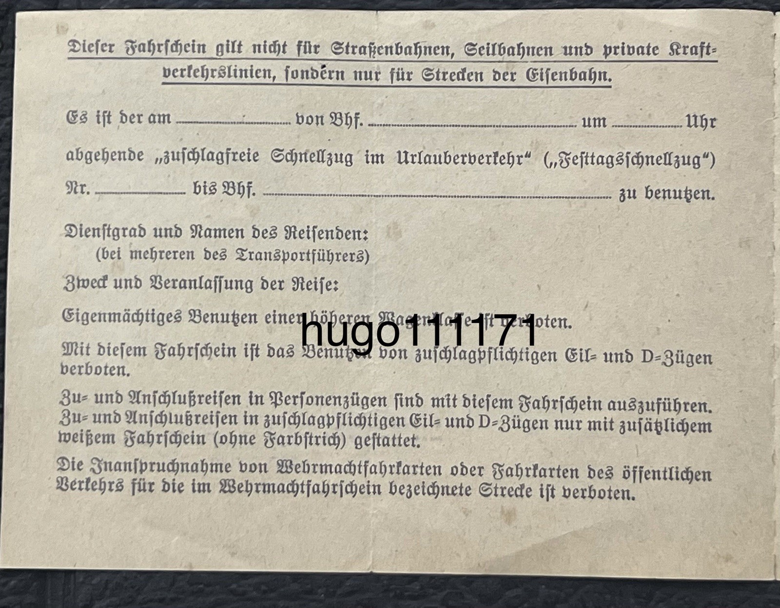 One German ww2 Dokument Wehrmachtfahrschein Official railway travel document