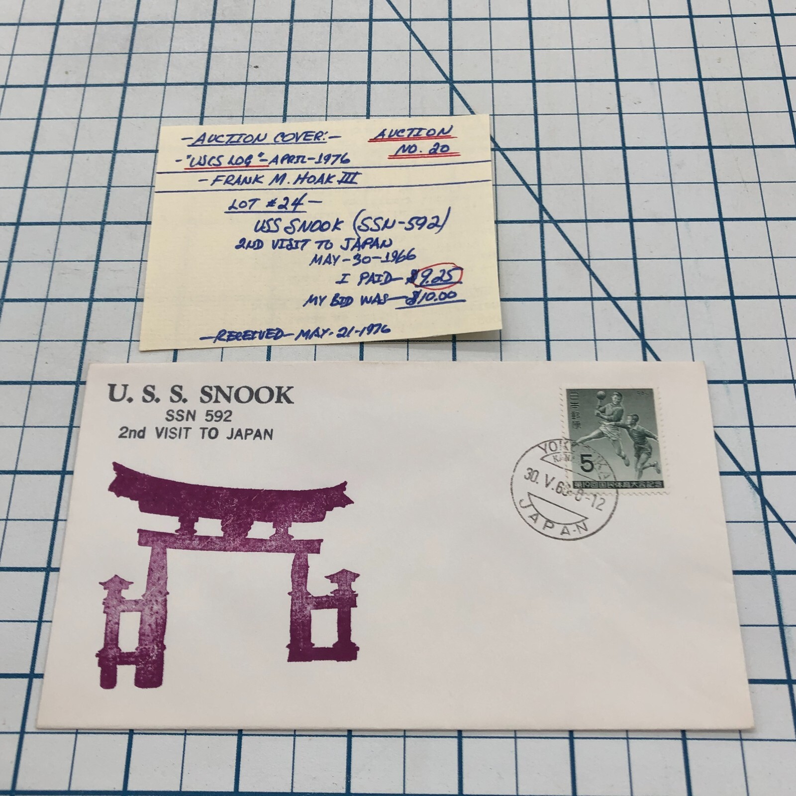 Vintage FDC Cover Cachet Postage Stamp Envelope USS Sculpin SSN-590 JAPAN 1966