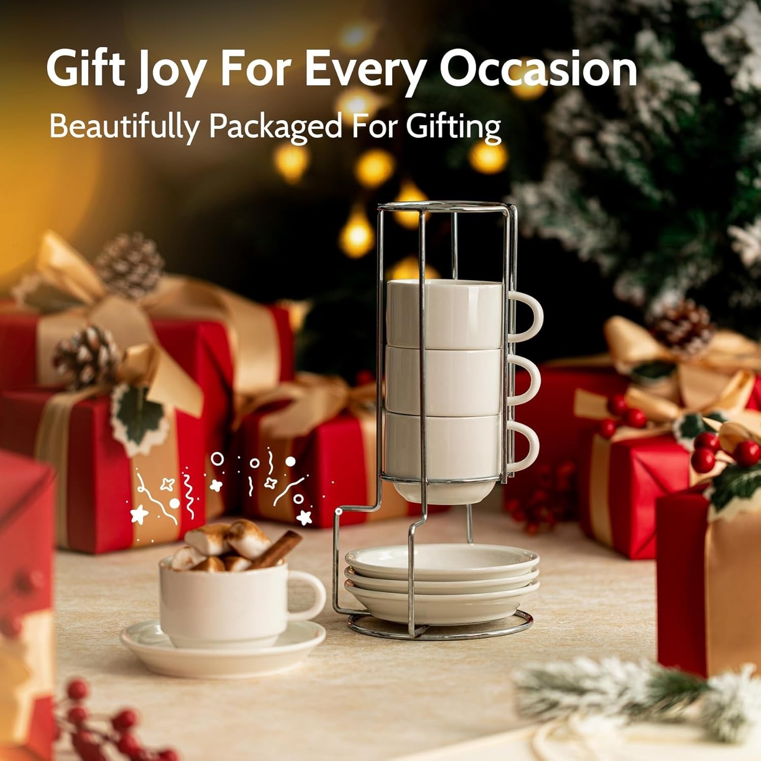 8 Ounce Porcelain Stackable Cappuccino Cups with Saucers and Metal Stand - fo...