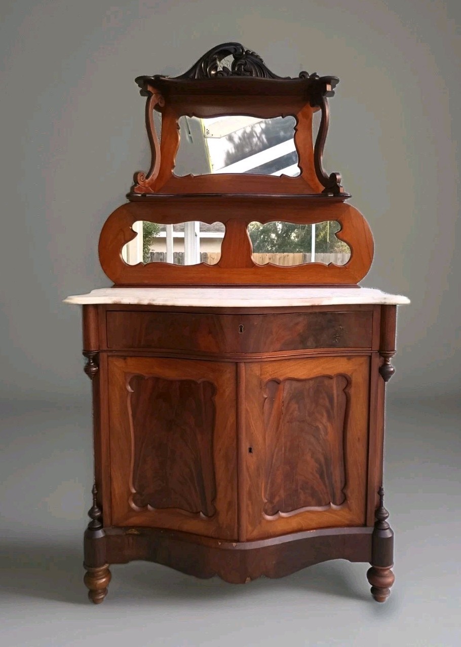 Antique Serpentine Mahogany Dresser Marble Top & Mirror Shelf Entryway Table