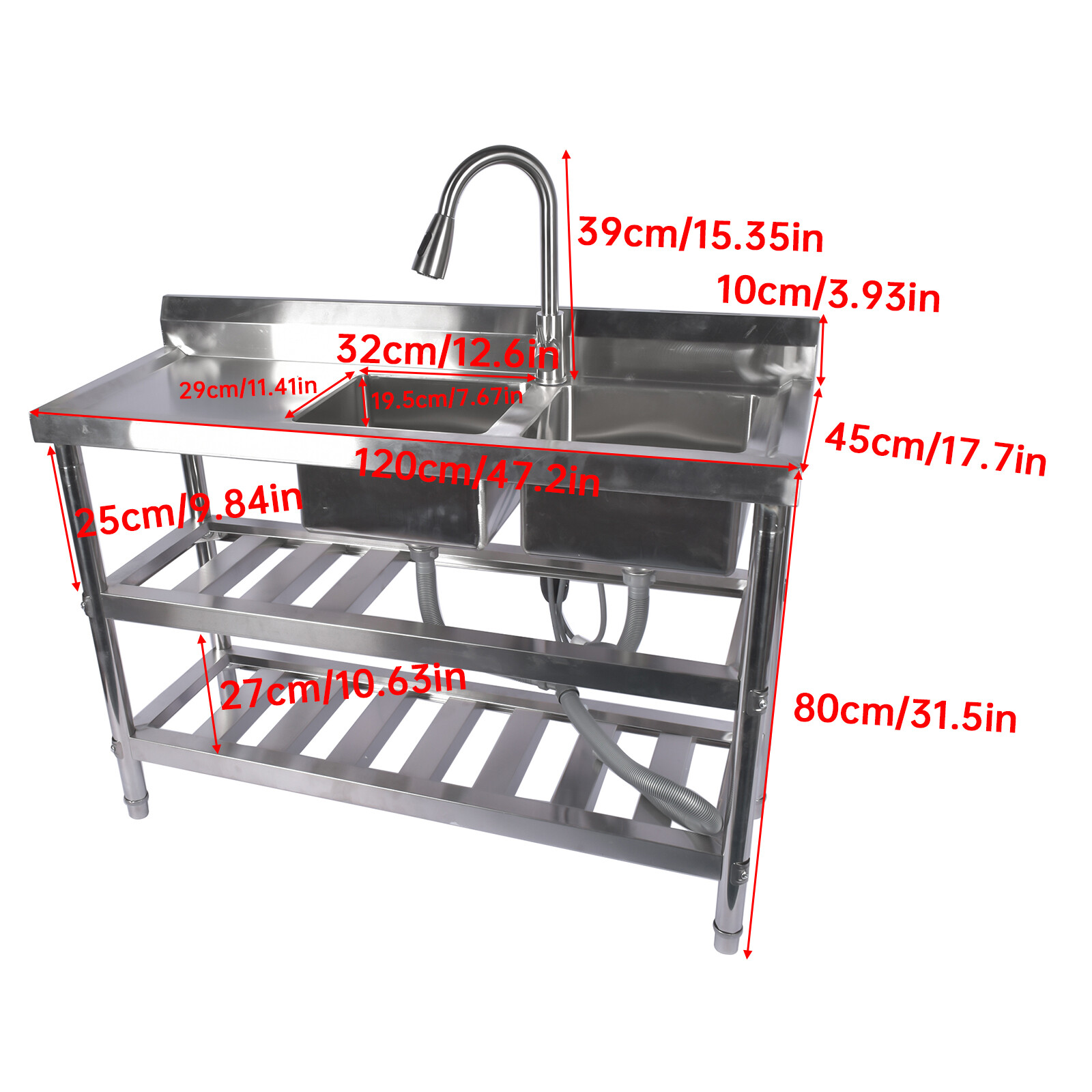 47.2" Stainless Steel Double Bowl Utility Sink with Pull-Out Faucet & Drainboard