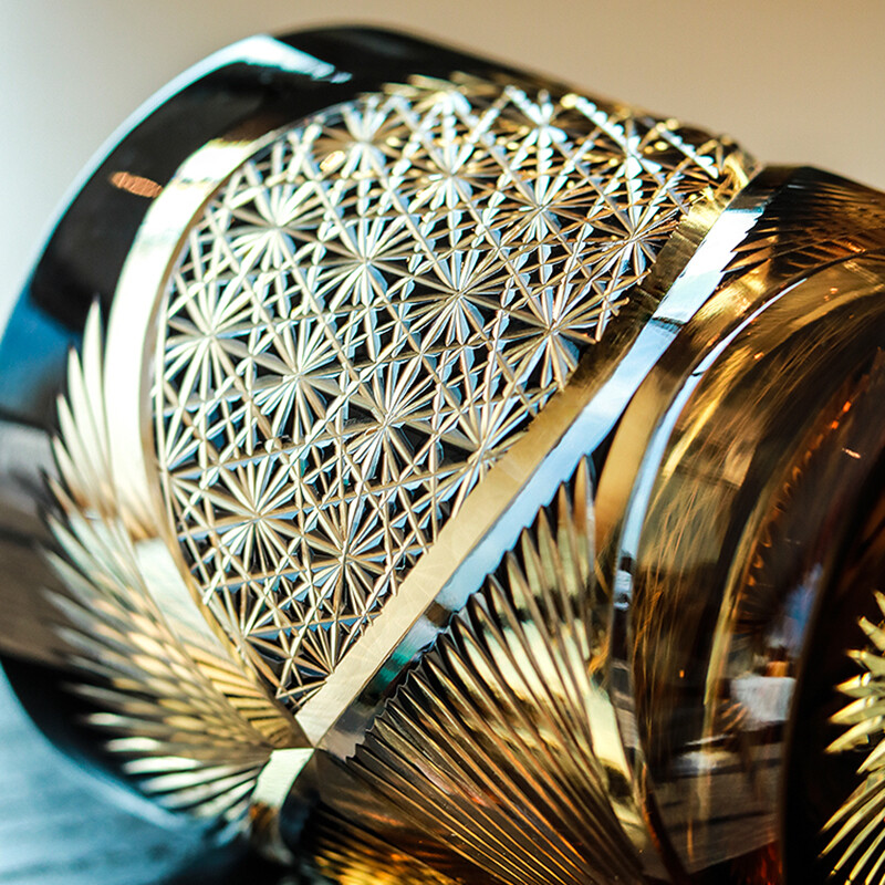 Hand blown hand cut whiskey glasses color overlay glass gifts amber black 9 Ozs