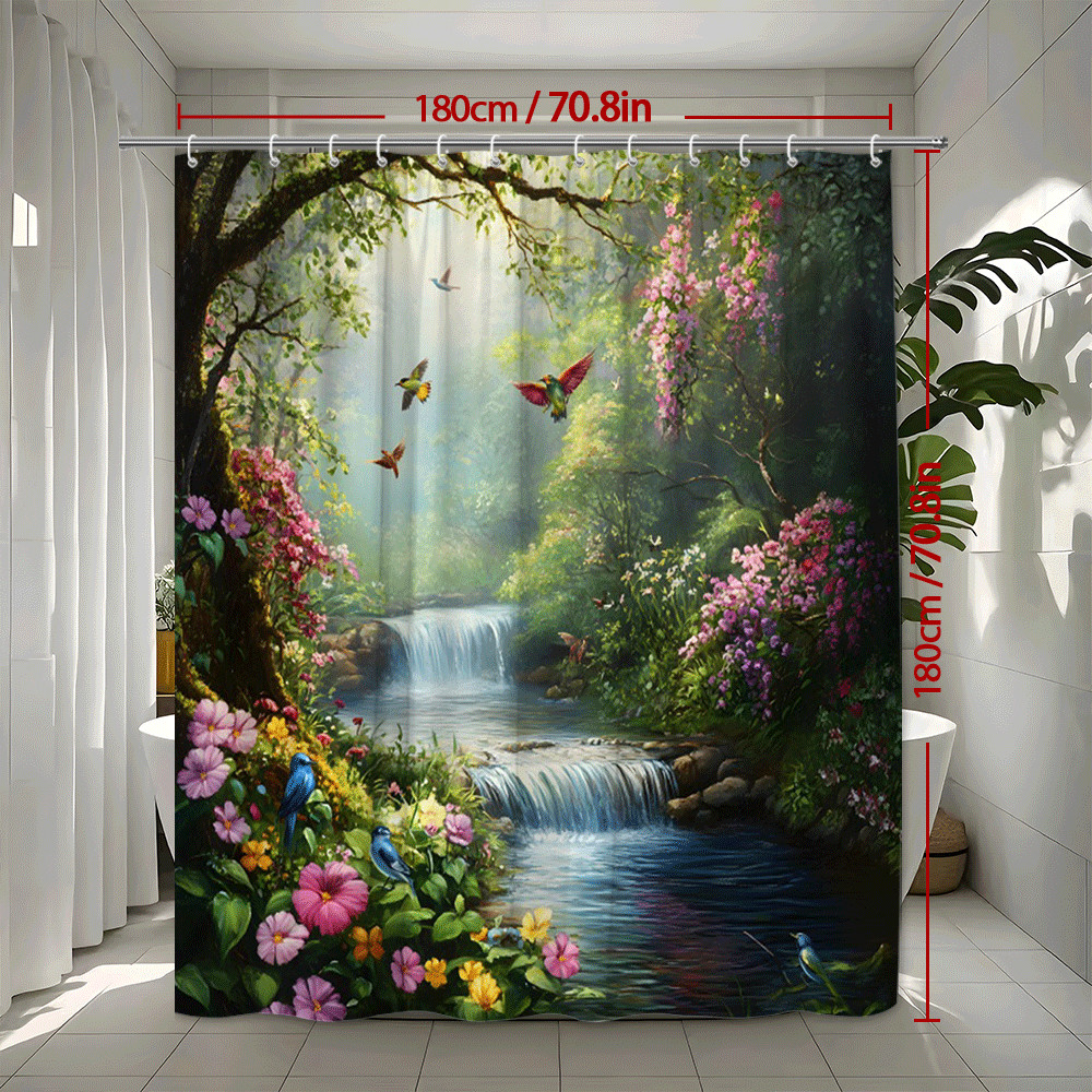 Waterfall Forest Shower Curtain Colorful Birds and Flowers Nature Bathroom Decor