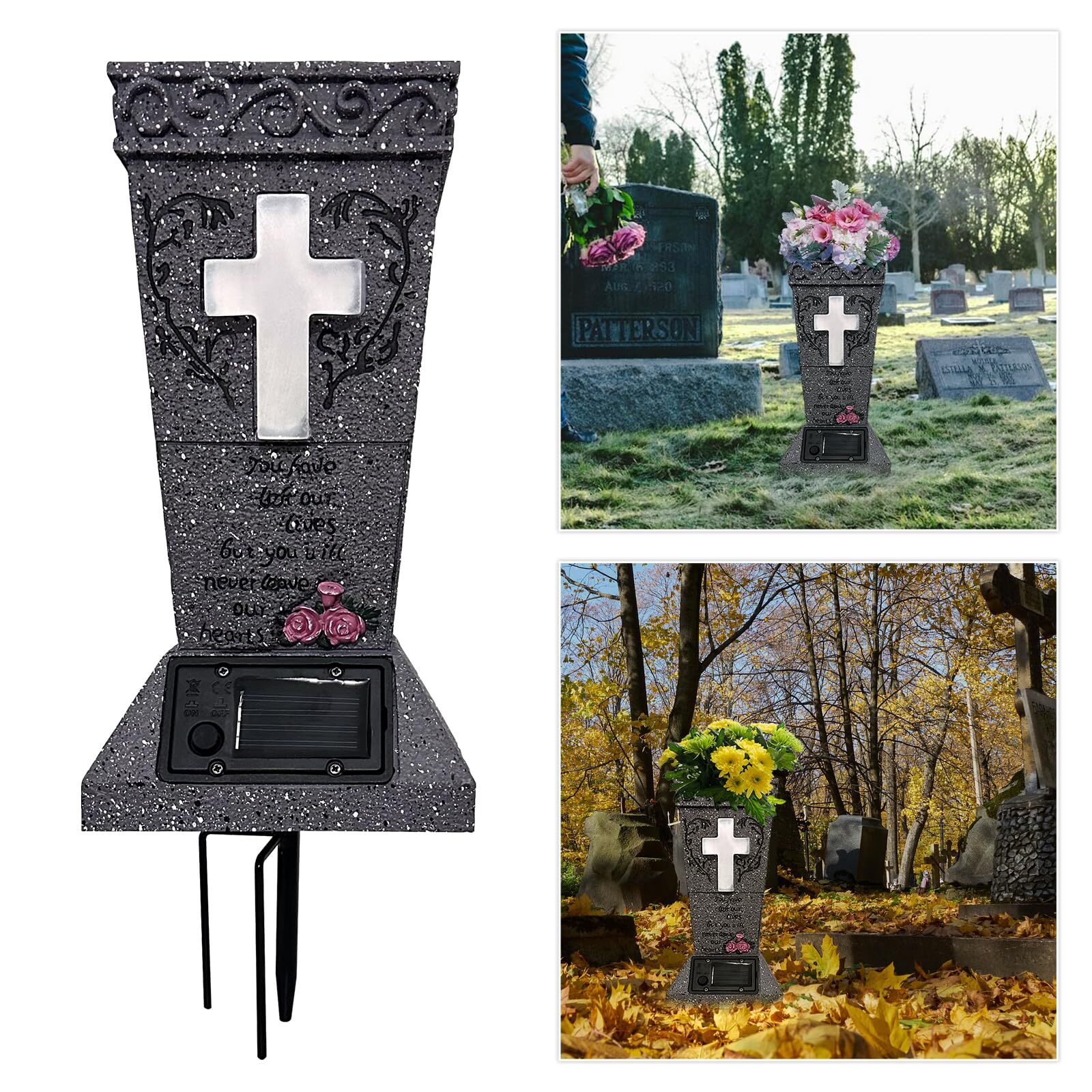 Solar Cemetery Vase with LED Cross Lamp Memorial Flower Holder with Spike Hea...