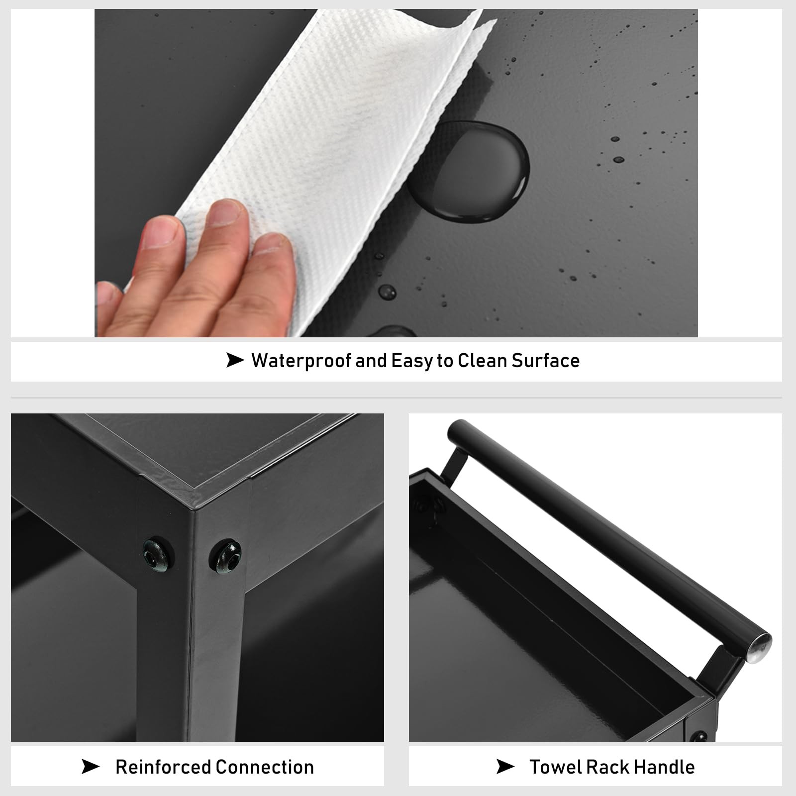 Heavy Duty 3 Tier Metal Rolling Cart 330LBS Capacity with Brake Wheels Black