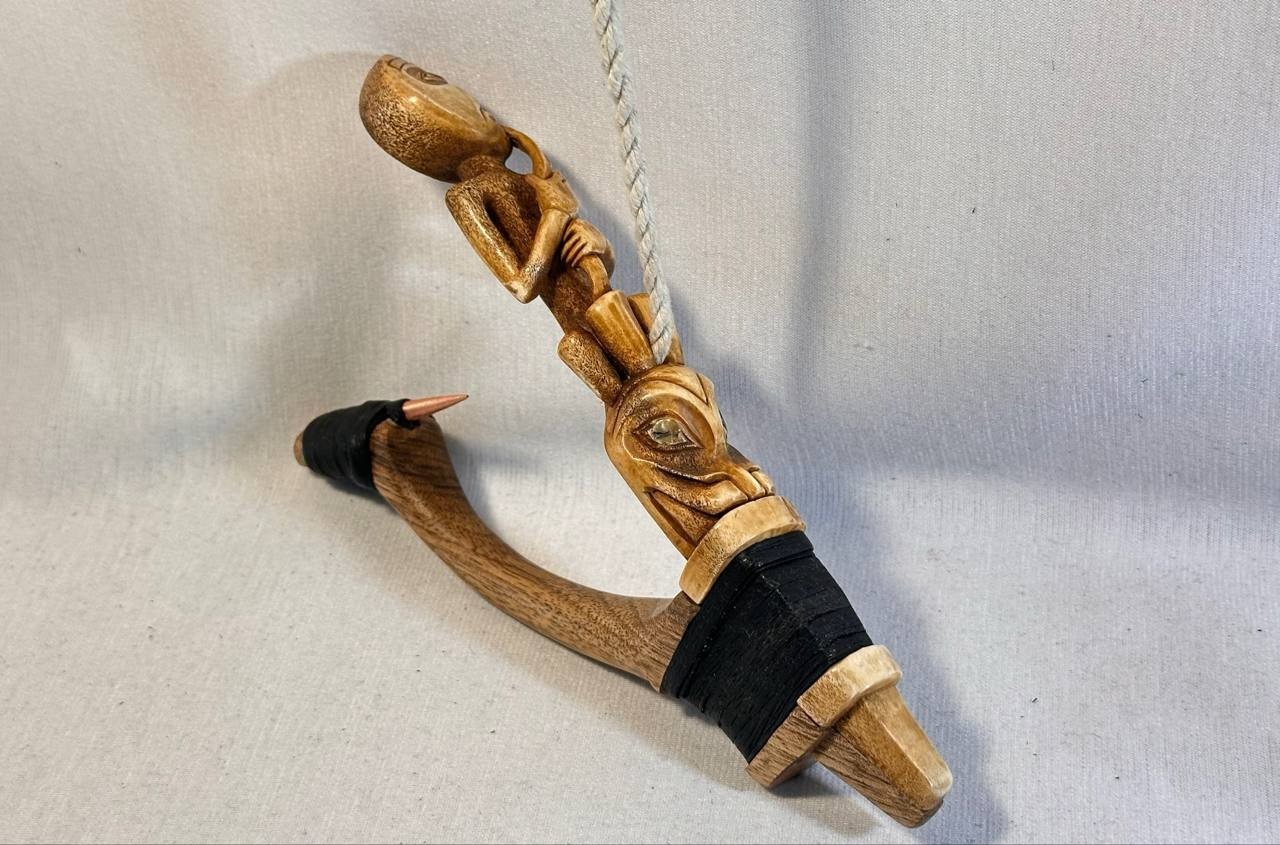 Shaman and Wolf Totem Halibut Hook, Shell Inlay, Northwest Coast Design