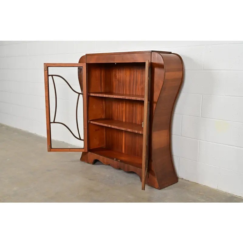 Antique Art Deco Carved Walnut Bookcase or Display Cabinet, Circa 1920s
