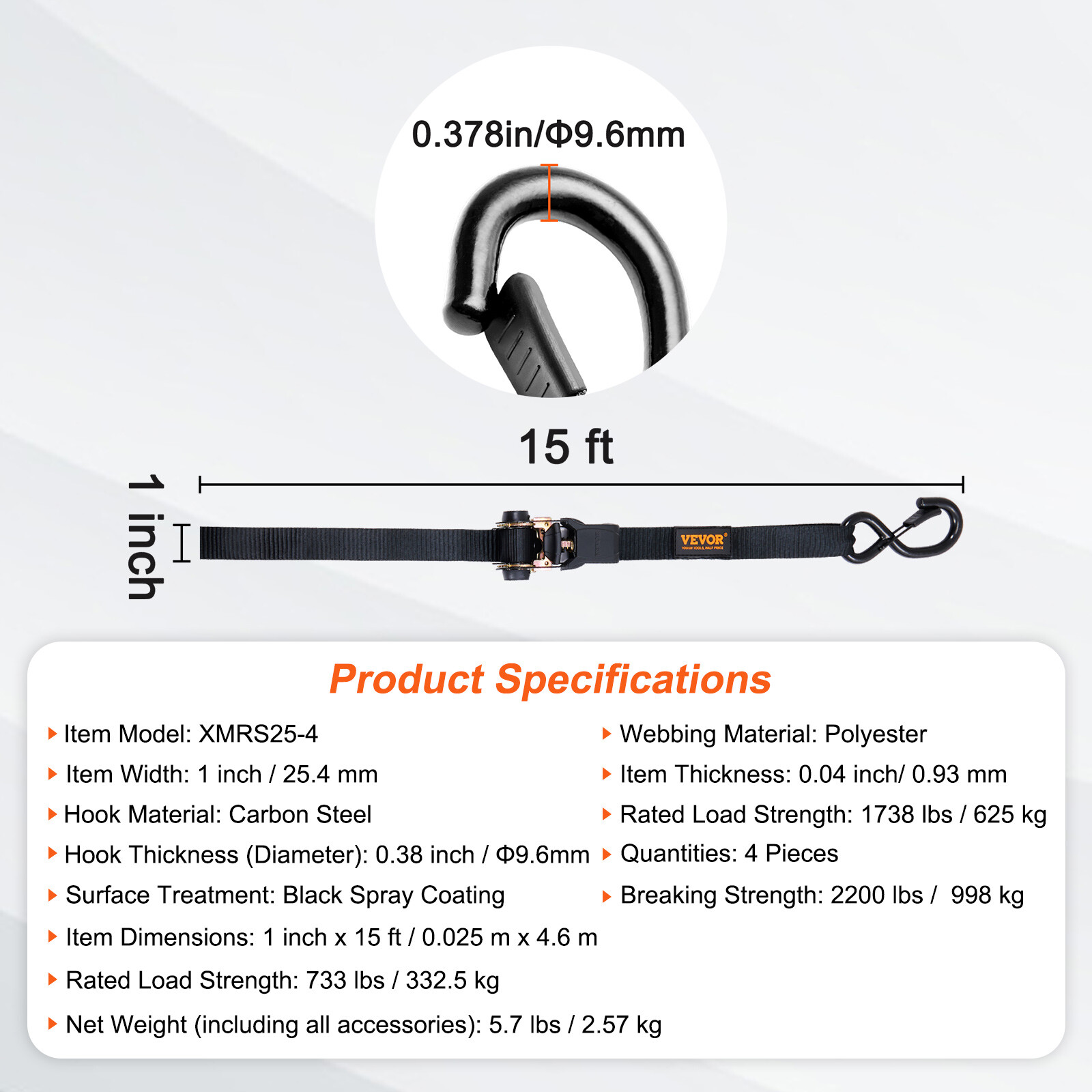 VEVOR 4 Pack 1"x 15' Ratchet Straps Tie Down Straps Heavy Duty w/ S-Hooks