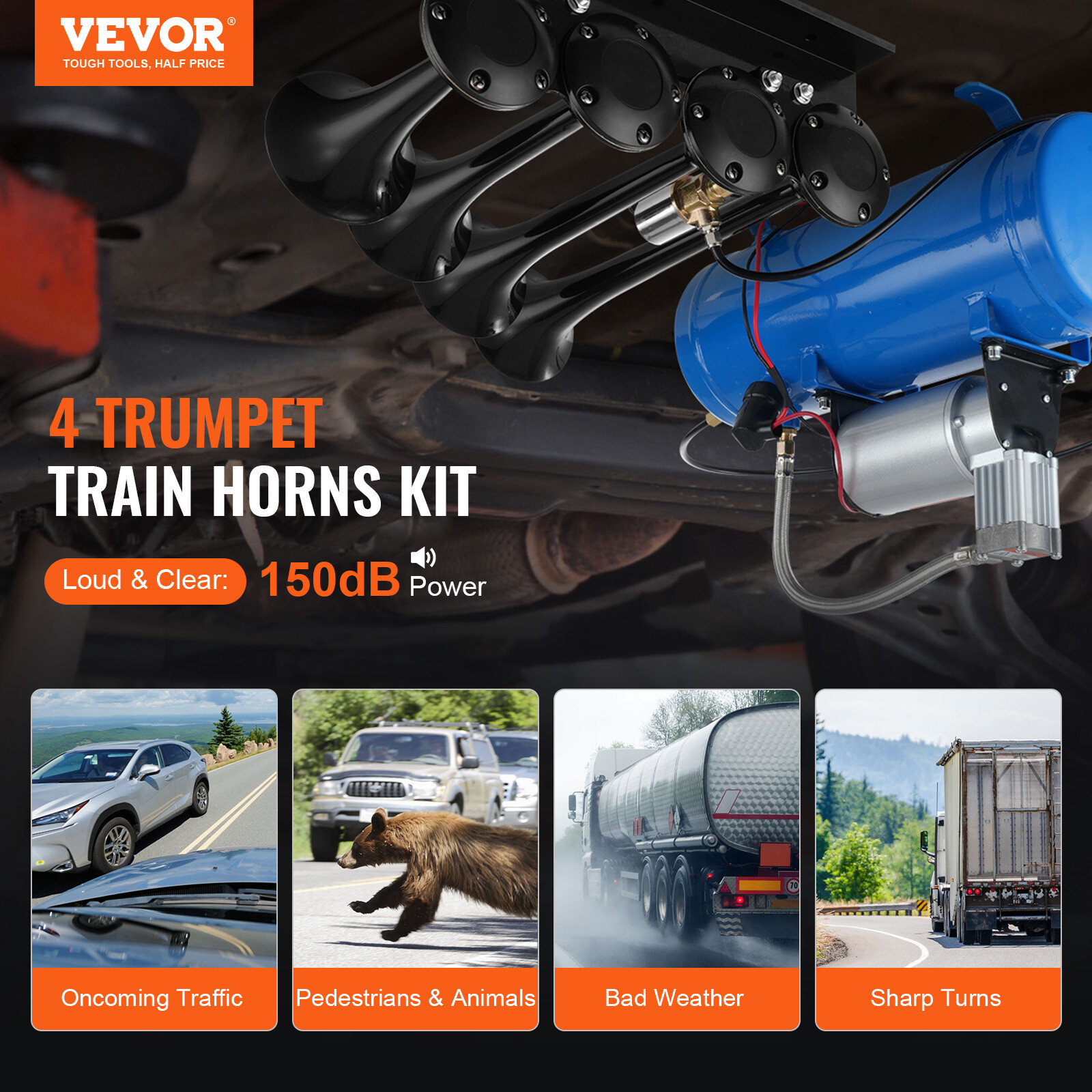 VEVOR Train Horns Kit 4 Trumpet Air Horn Kit 120 psi Air Compressor 1.6 Gal Tank