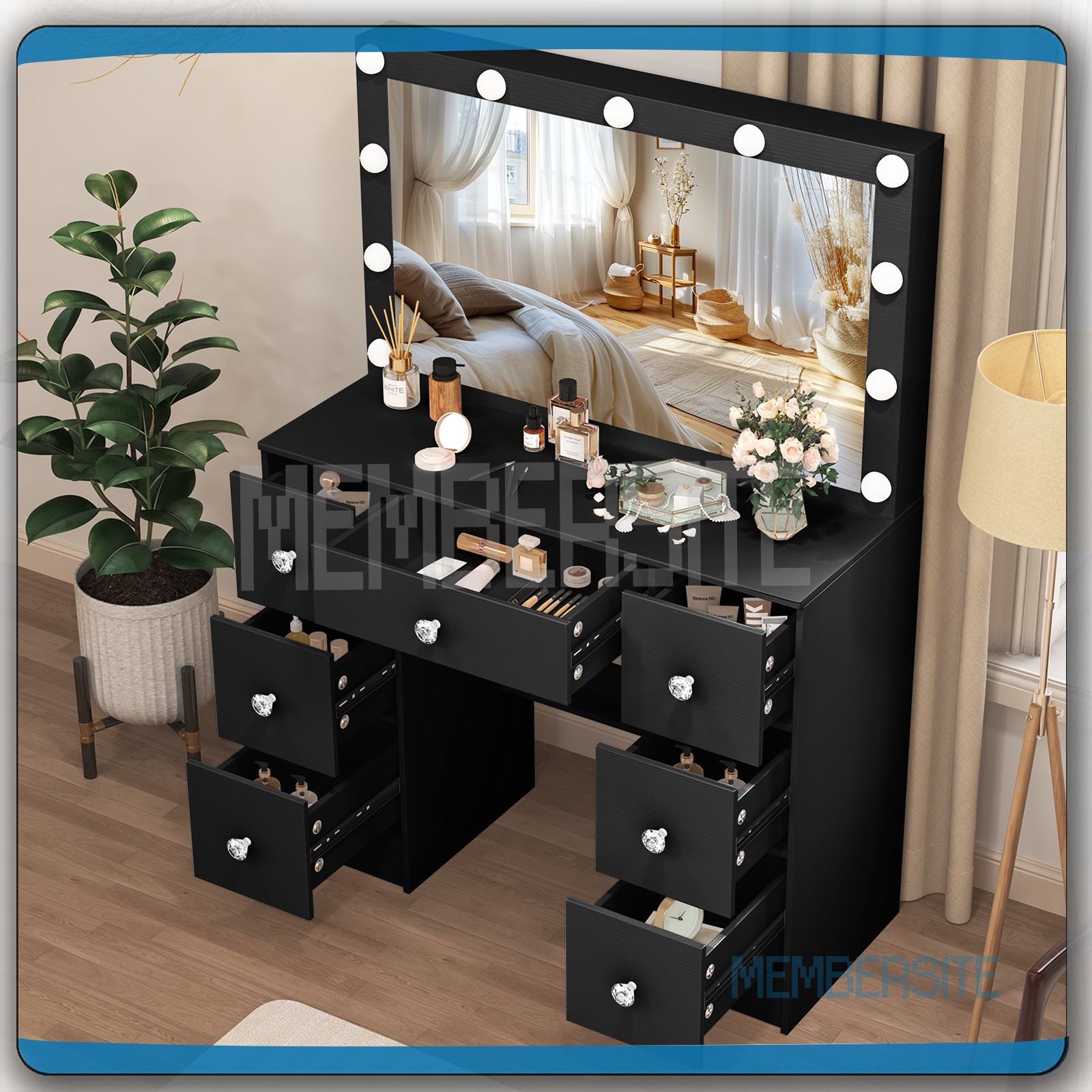 Black Vanity Makeup Desk Dressing Table With Large Mirror + Drawer &Crystal Pull