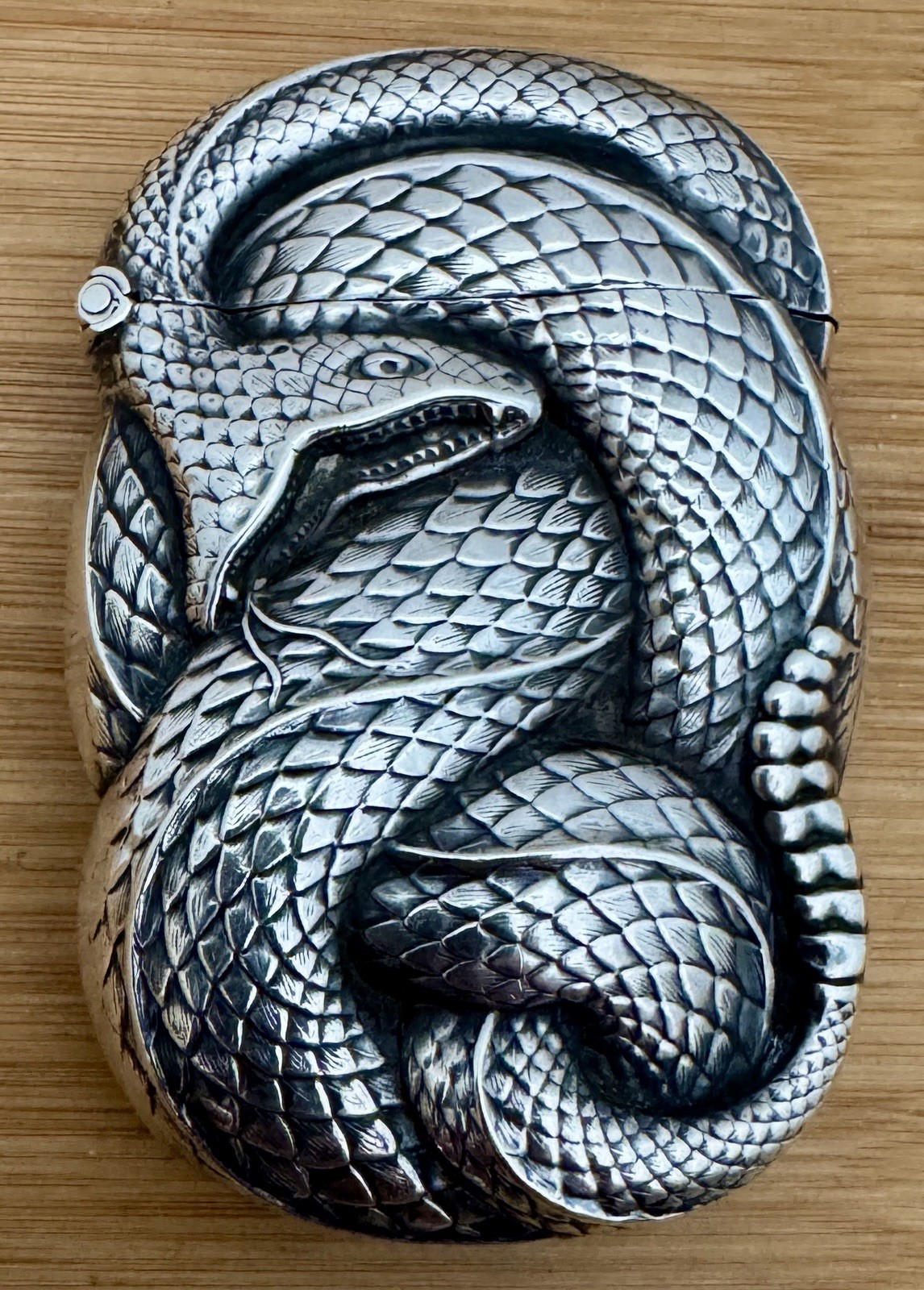 VERY RARE WILLIAM KERR STERLING FIGURAL RATTLESNAKE MATCH SAFE VESTA CASE C 1905