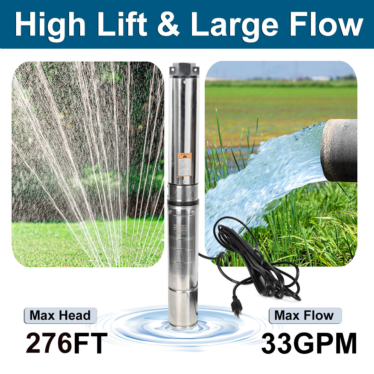 1 HP 4'' Deep Well Submersible Pump ,115V, 33 GPM, 276 ft ,60Hz,Stainless Steel