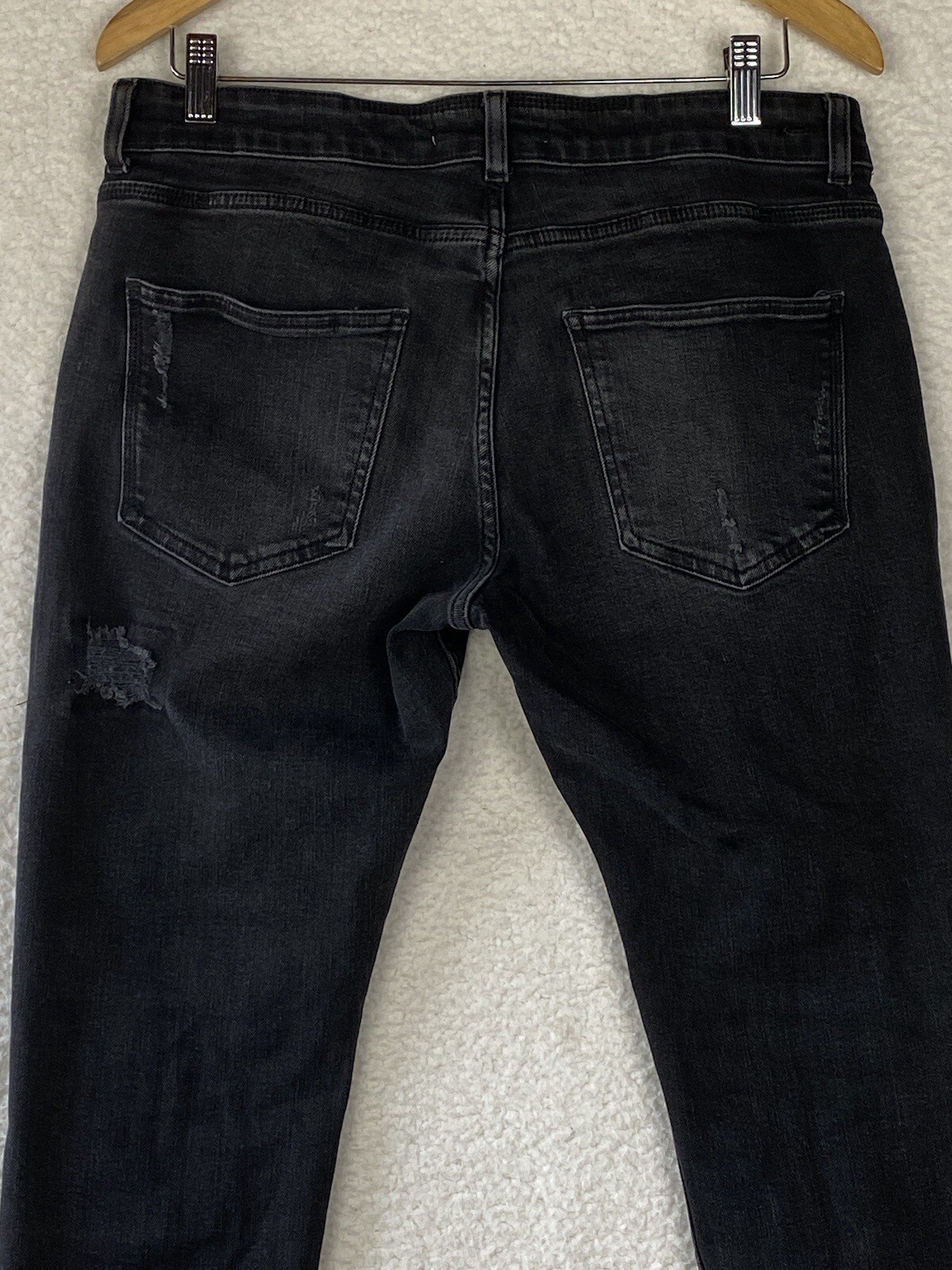 Zara Destressed Jeans Womens 34 Button Fly Cropped Black Skinny Raw Hem Mid Rise