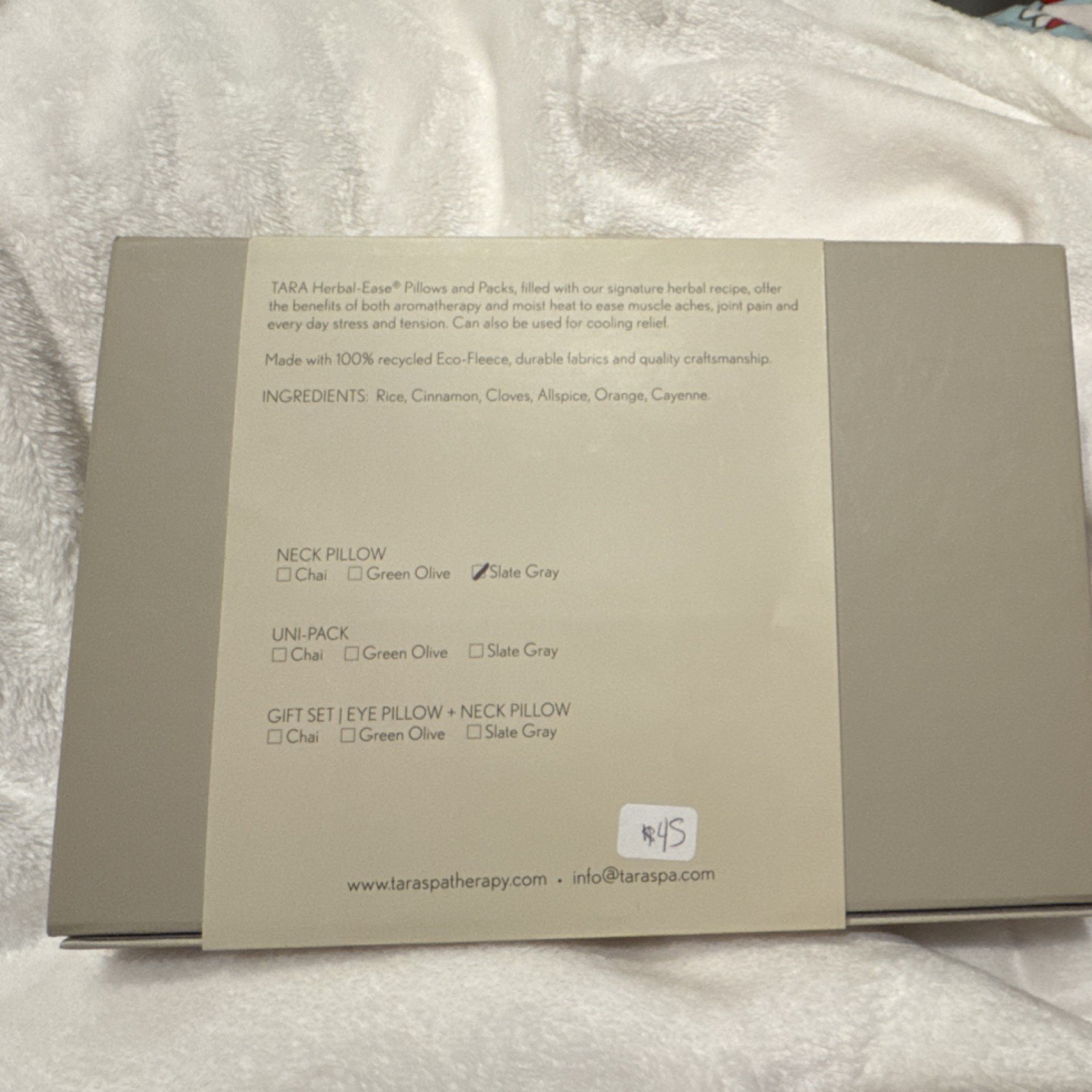 TARA Herbal-Ease Neck Pillow Slate Gray Aromatic Cinnamon Spice