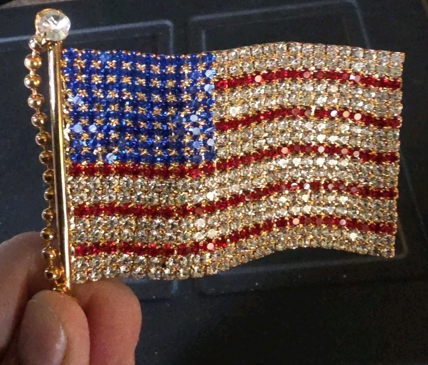 Vintage Rhinestone Flag Pin New Old Stock Brooch Free Shipping