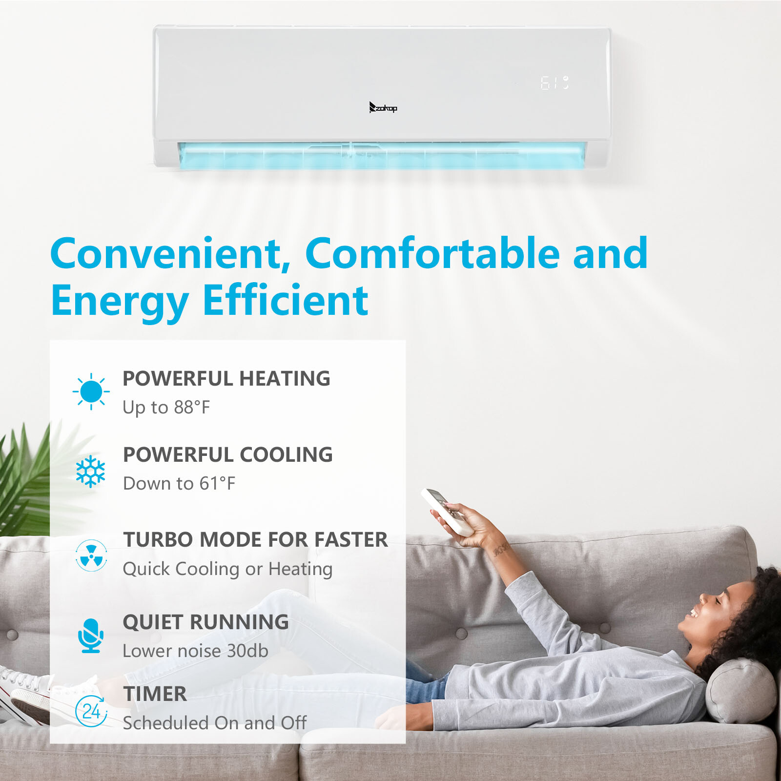 11,000 BTU Ductless Mini Split Air Conditioner, Heat Pump With/AC Unit KIT, Wifi