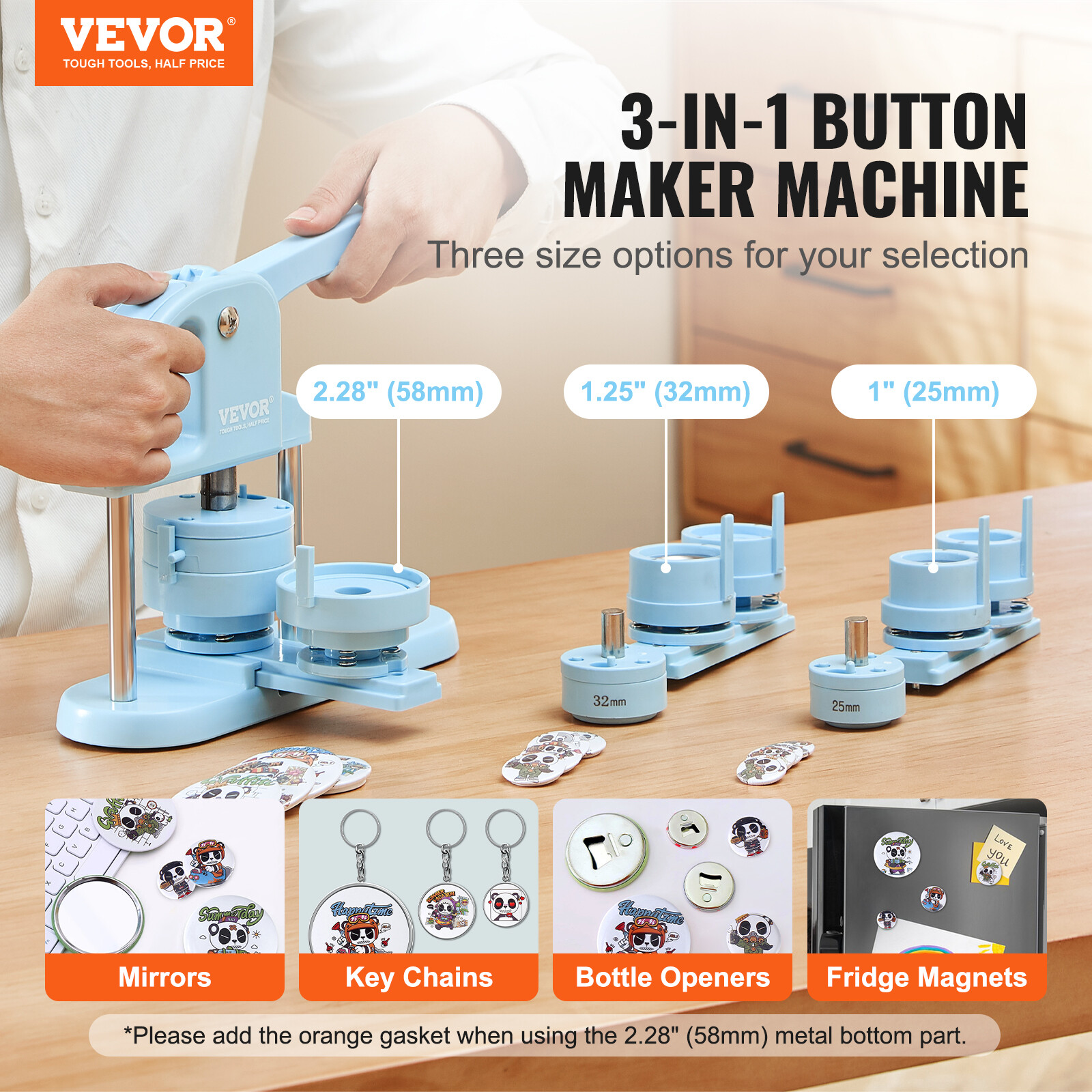 VEVOR Button Maker Machine Pin Badge Maker 1/1.25/2.28 inch 3-in-1 Blue for DIY