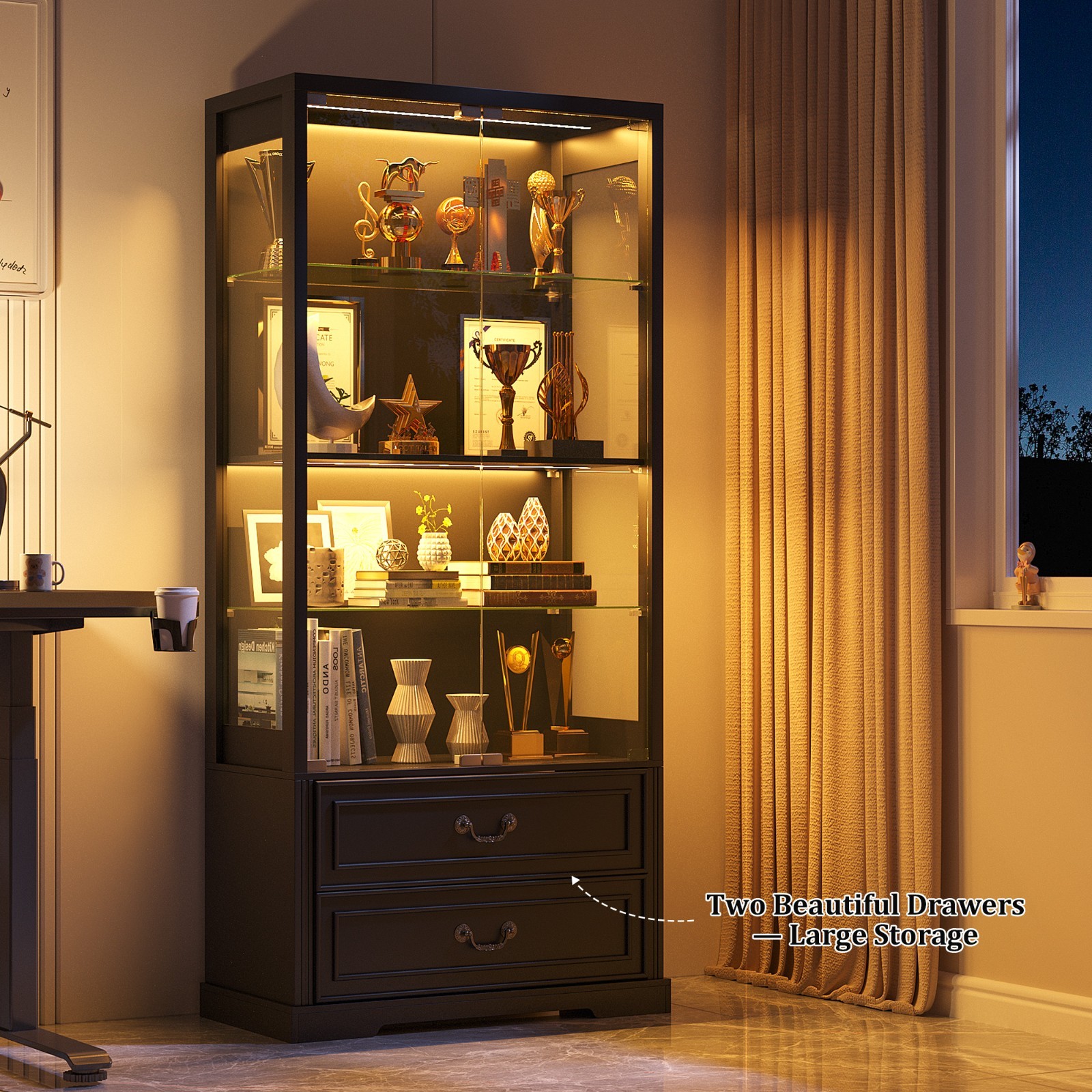 Display Cabinet with Adjustable Glass Shelves & LED RGB Lights for Collectibles