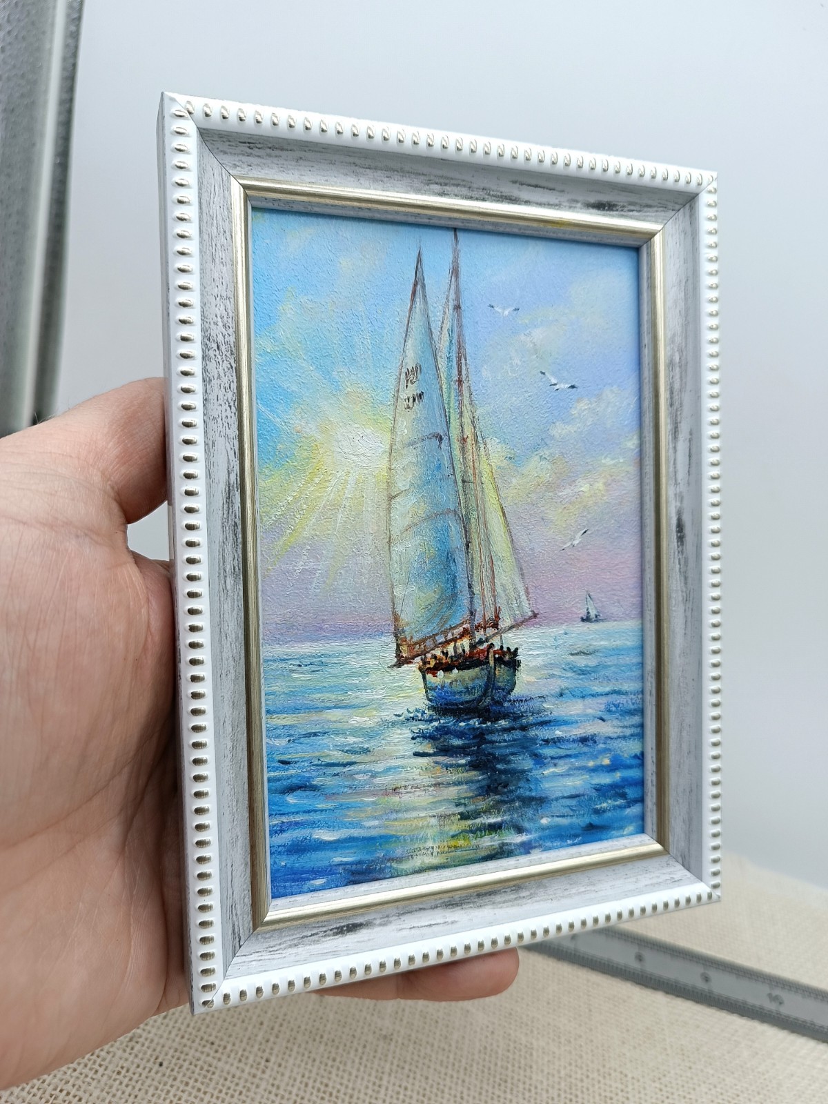 Seascape sailboat oil painting Original art Realism painting Boat 6x4