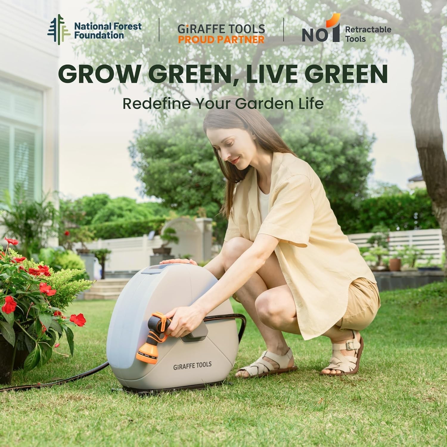 Giraffe Tools Ground Mounted Retractable Garden Hose Reel w/ 82-130FT Water Hose