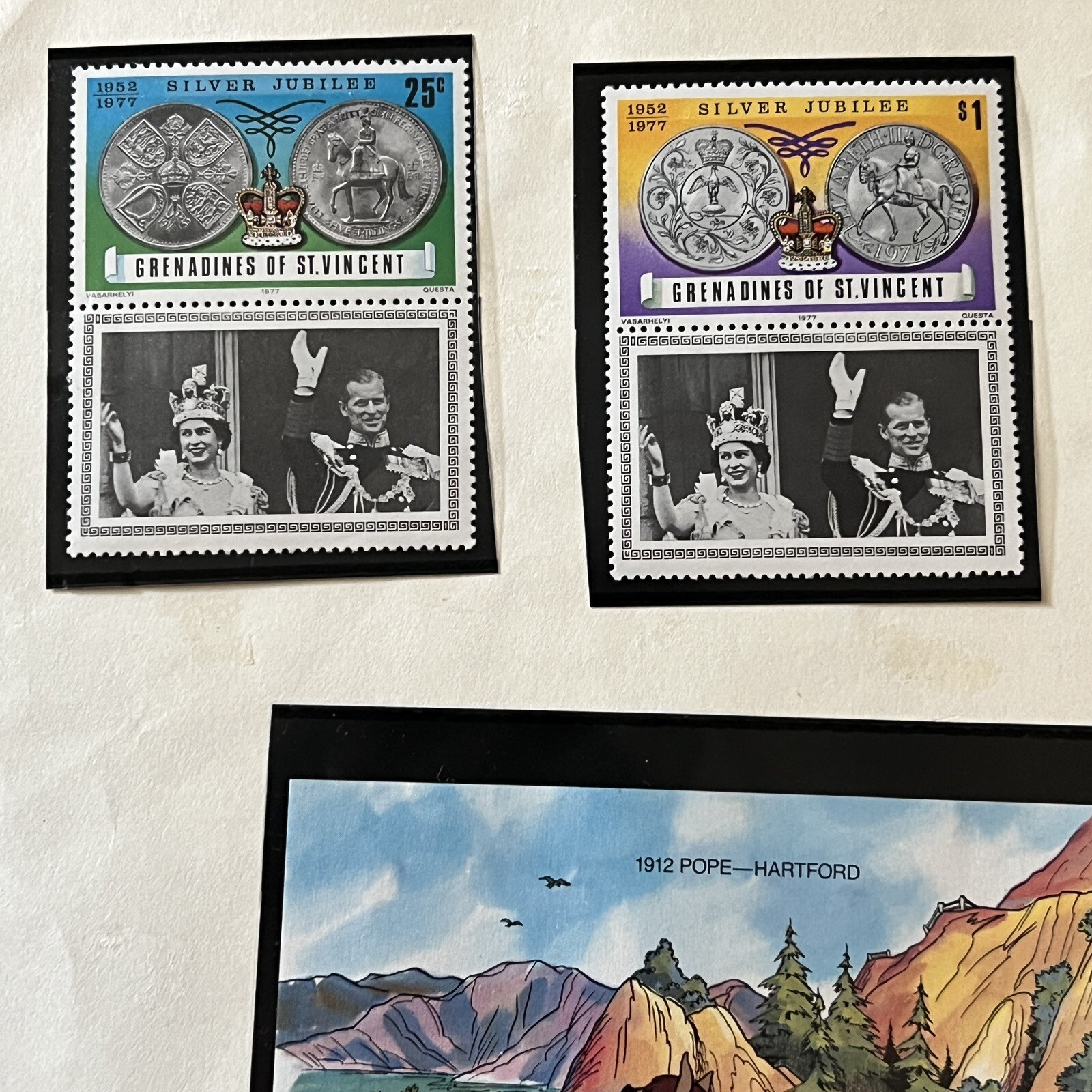 1977 1982 1989 GRENADINES OF ST. VINCENT MINT STAMPS ON ALBUM PAGE, HIGH DENOMS