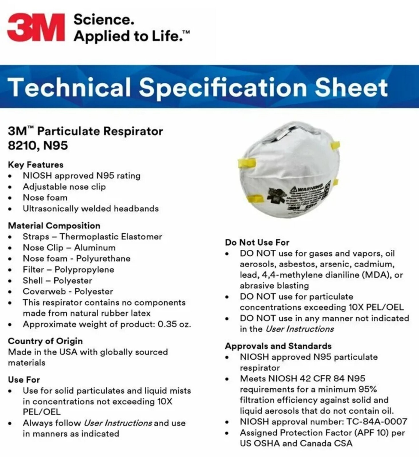 1- Box Of 20 3M 8210 N95 Disposable Protective Particulate Respirator Dust Mask