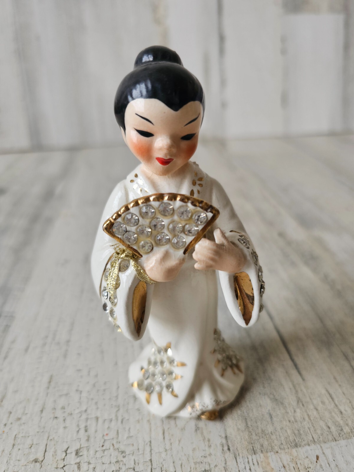 Lefton vintage geisha lady fan statue figurine rhinestone Japanese