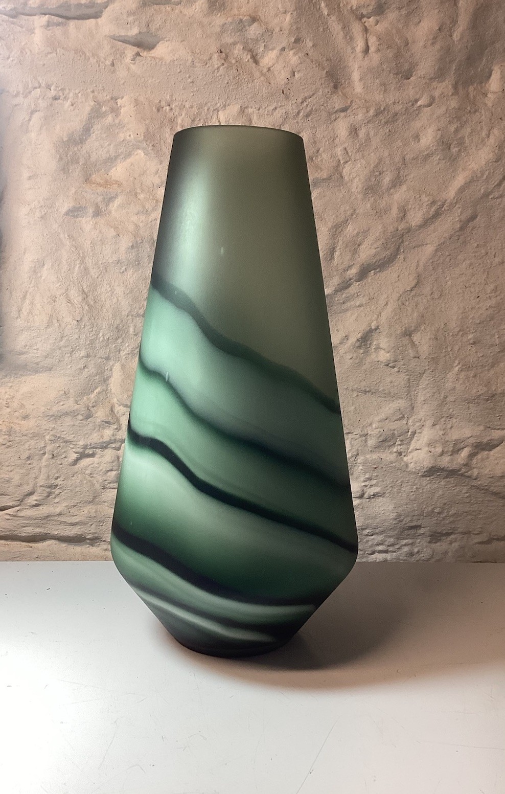 Beautiful Large Art Glass Vase Jade Green Wave Sandblasted Tall Sturdy 13.5 in