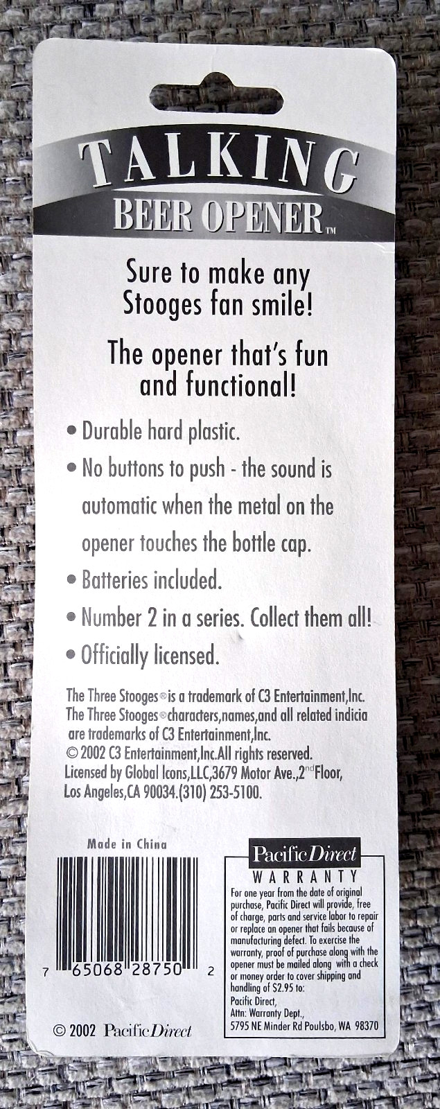 SEALED 2002, The Three Stooges Talking Beer Bottle Opener NIP (works)