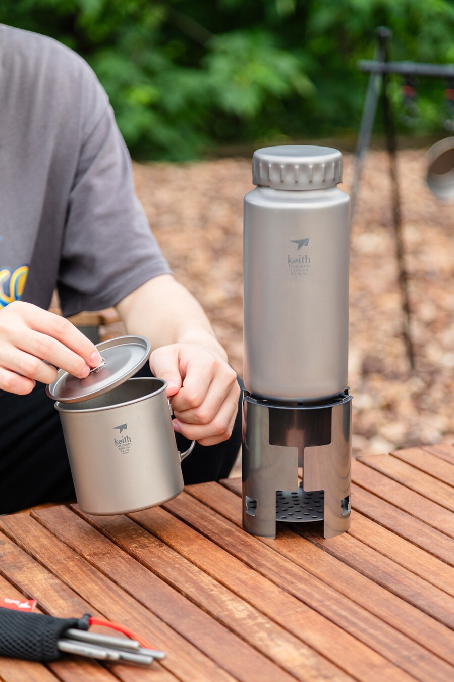 Keith Titanium Ti3070 Nesting Camp Set - Plastic-Free Bottle, Mug & Wood Stove