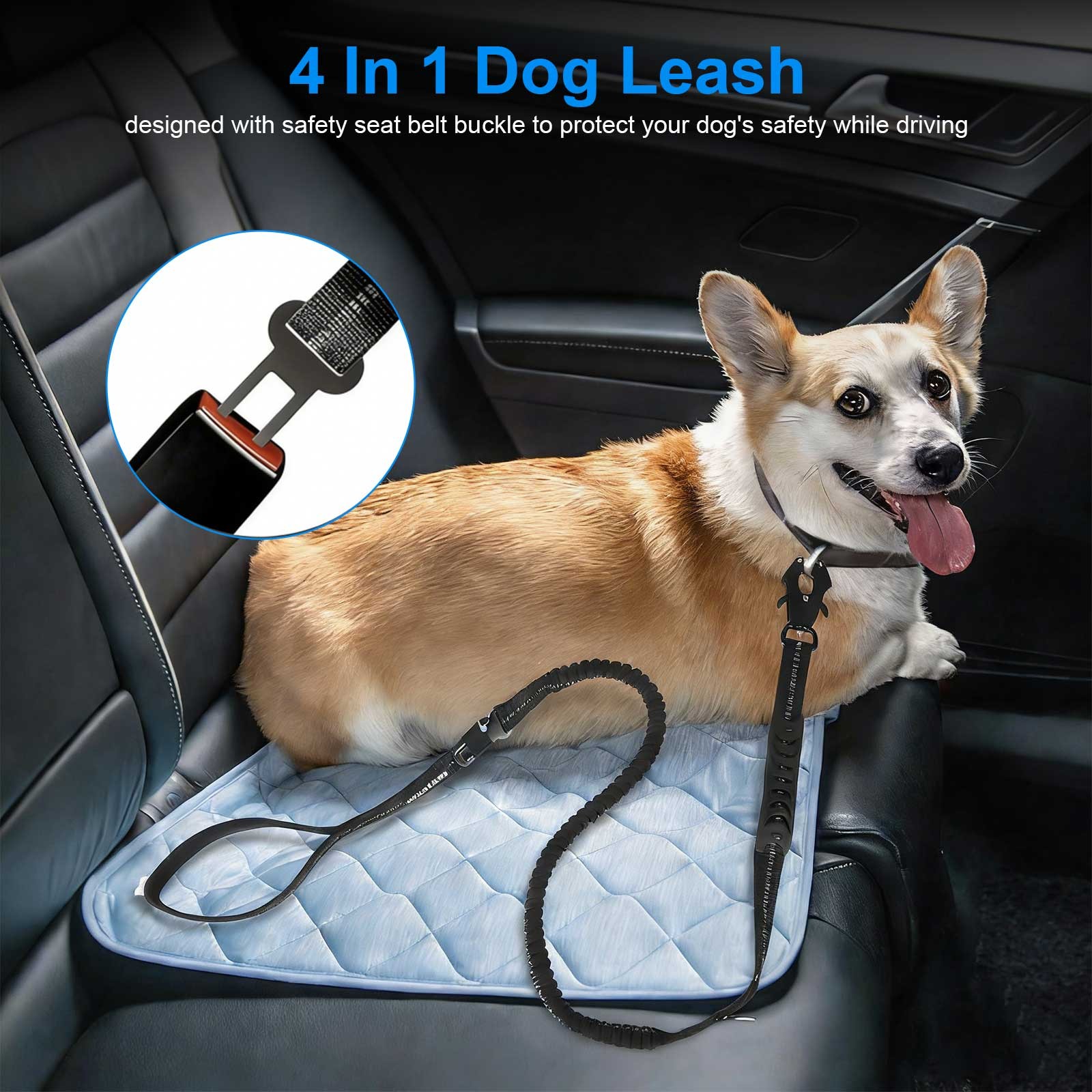 Heavy Duty 4 in 1 Bungee Dog Leash 6ft Reflective Traffic Control Seat Belt Clip