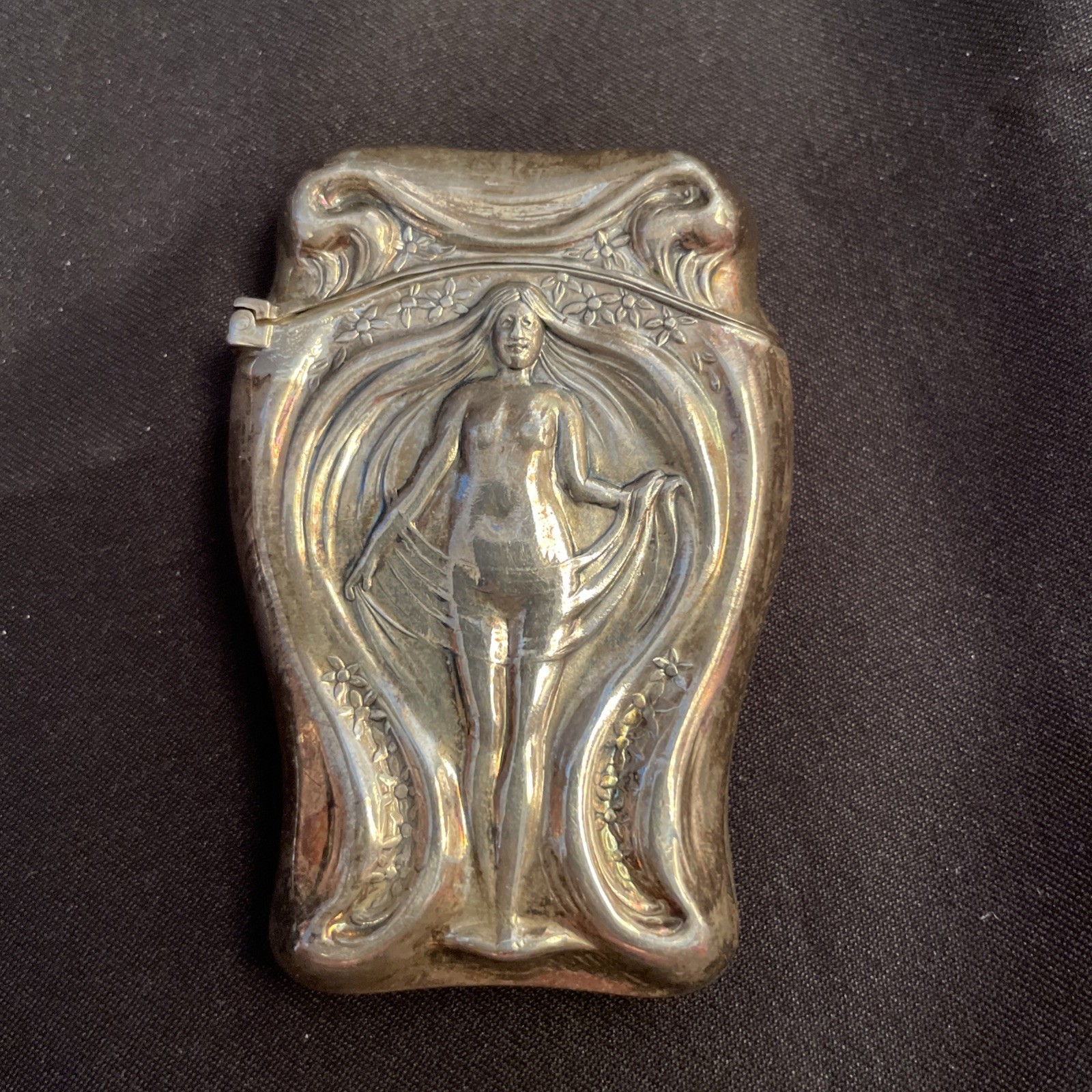 Wallace Sterling Silver Art Nouveau Match Safe Nude Woman Wing-Like Hair 1.5 oz.