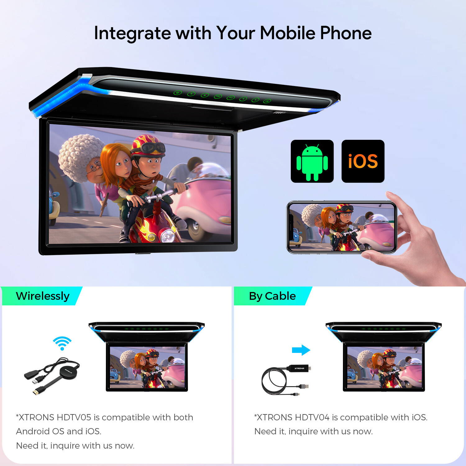 17.3" Car Overhead Ceiling Roof Mount Monitor Flip Down 1080P Video HDMI Player