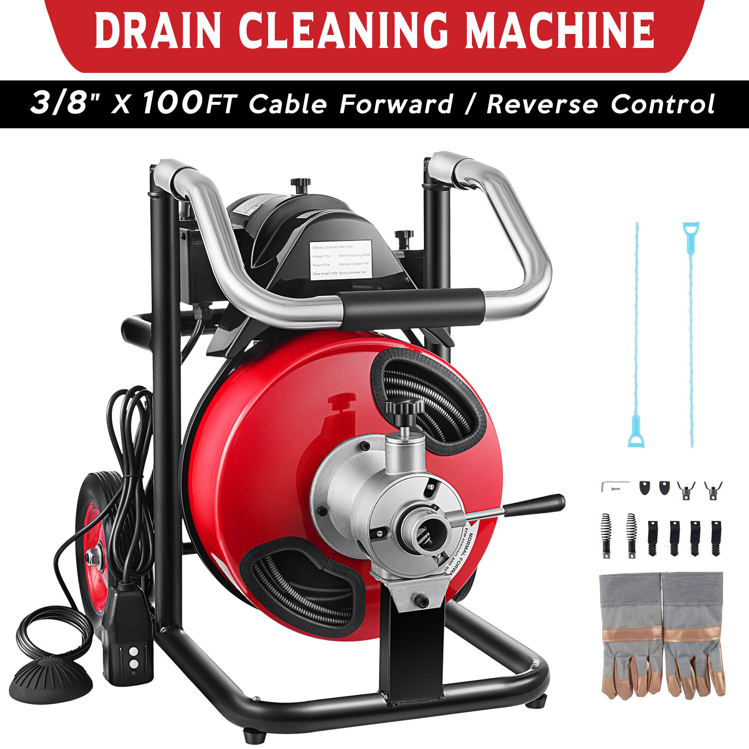 Electric 100FT 3/8" Drain Auger Cleaner Sewer Snake Cleaning Machine w/ Cutters
