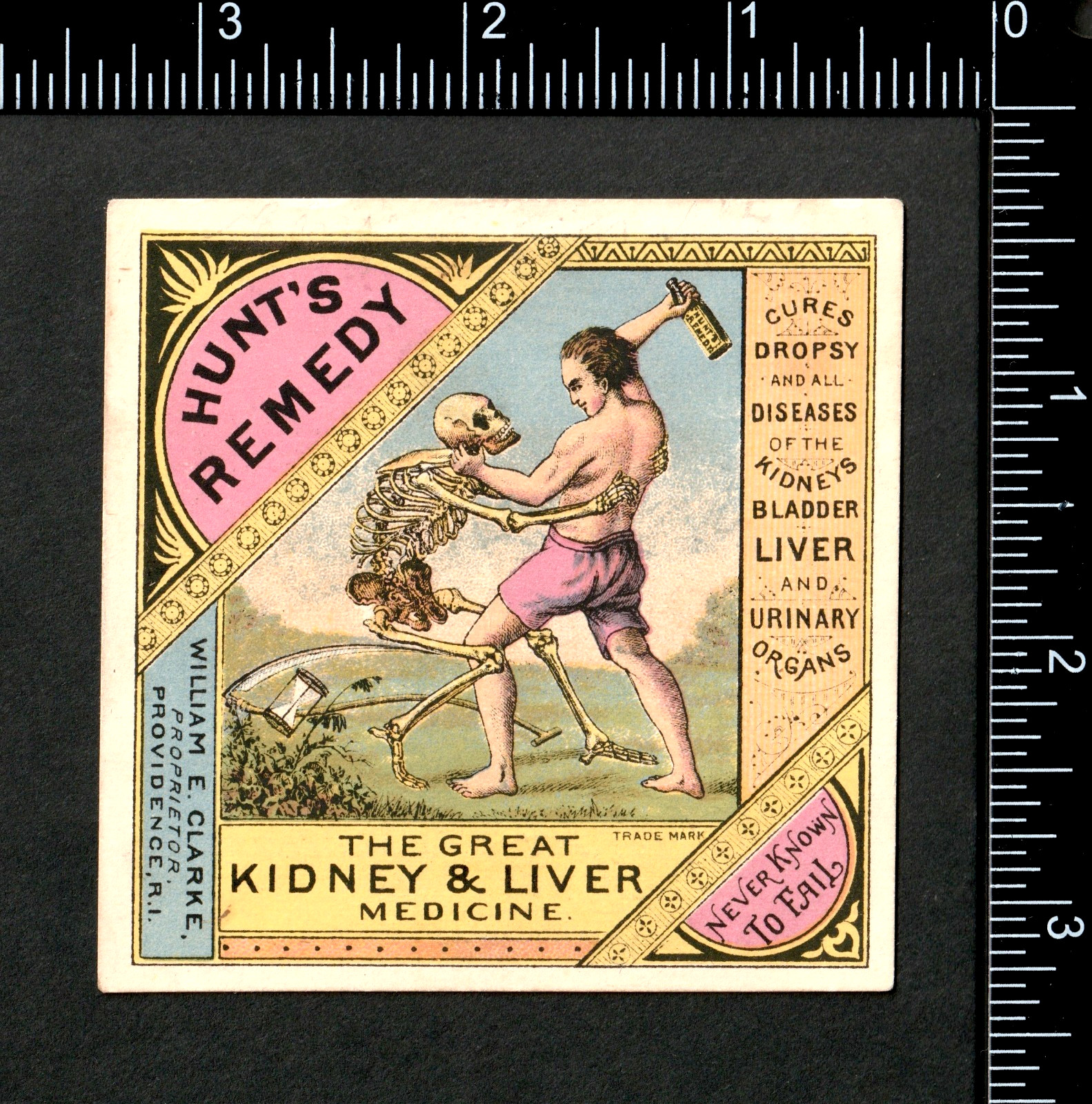 Hunts Remedy Skeleton Bottle Skull Crush Kidney Death Liver Cure Trade Card j.US