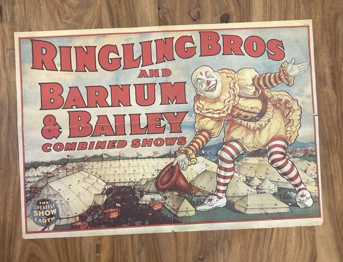 Vintage Ringling Bros Barnum Bailey Clown Poster Combined Shows 24x17