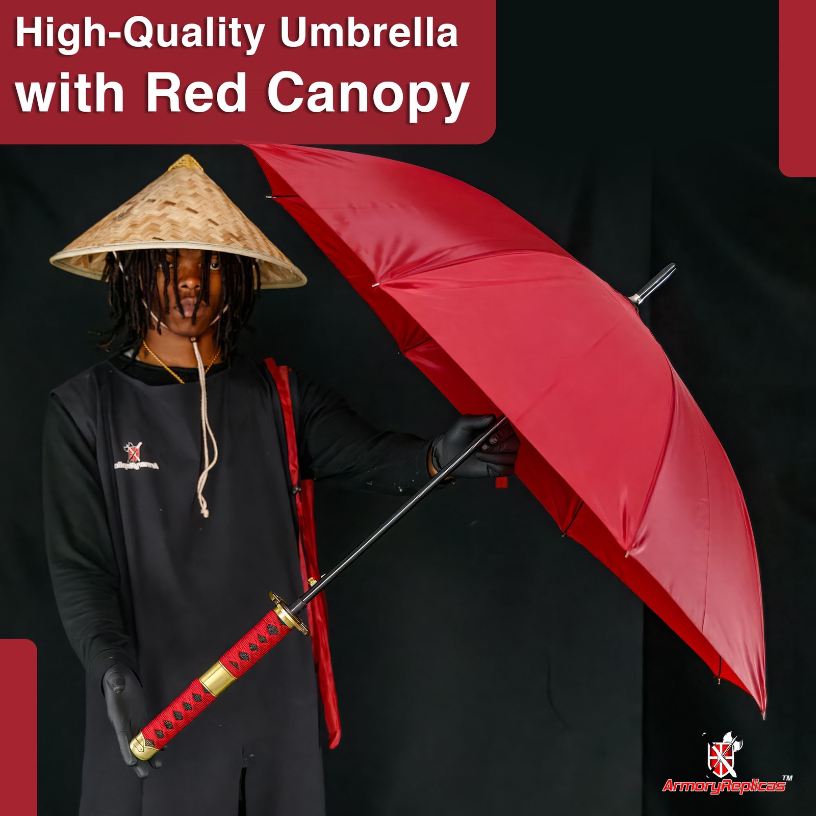 Unique Katana-Style Umbrella with Red Canopy & Faux Ray Skin Samurai Handle