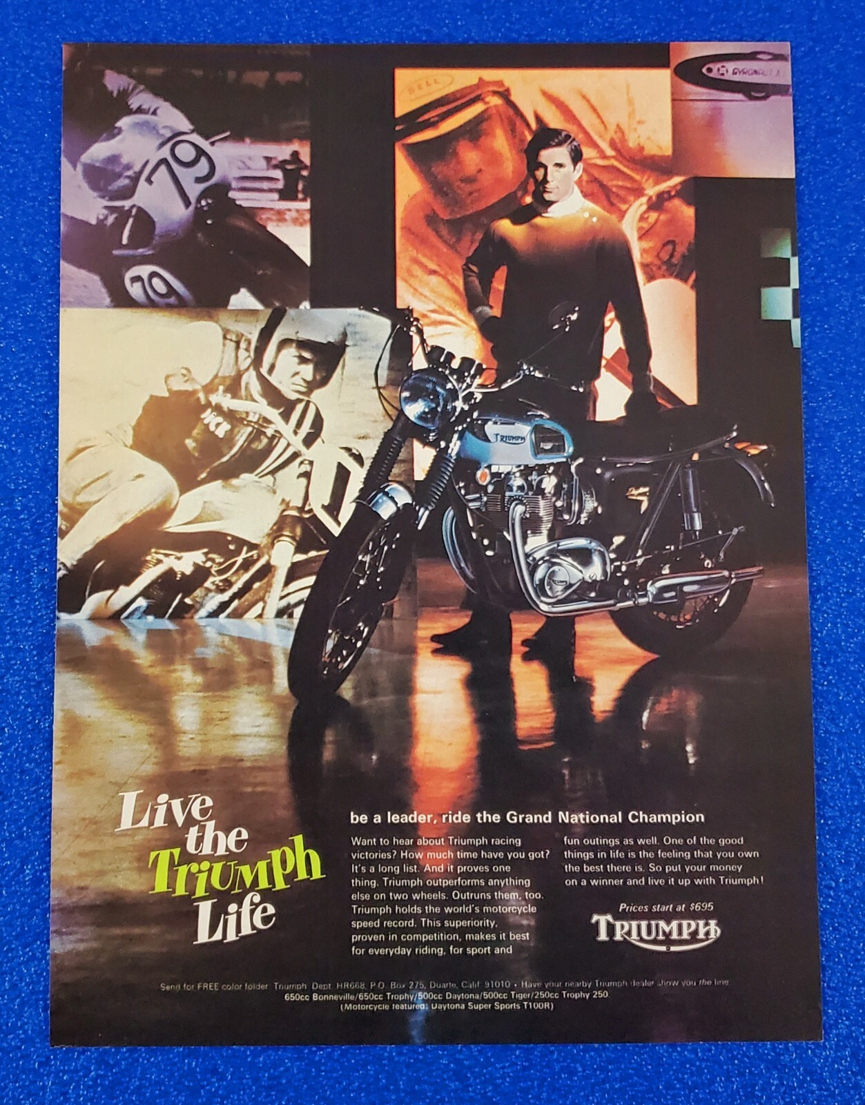 1968 TRIUMPH DAYTONA GRAND NATIONAL CHAMPION ORIGINAL MOTORCYCLE COLOR PRINT AD